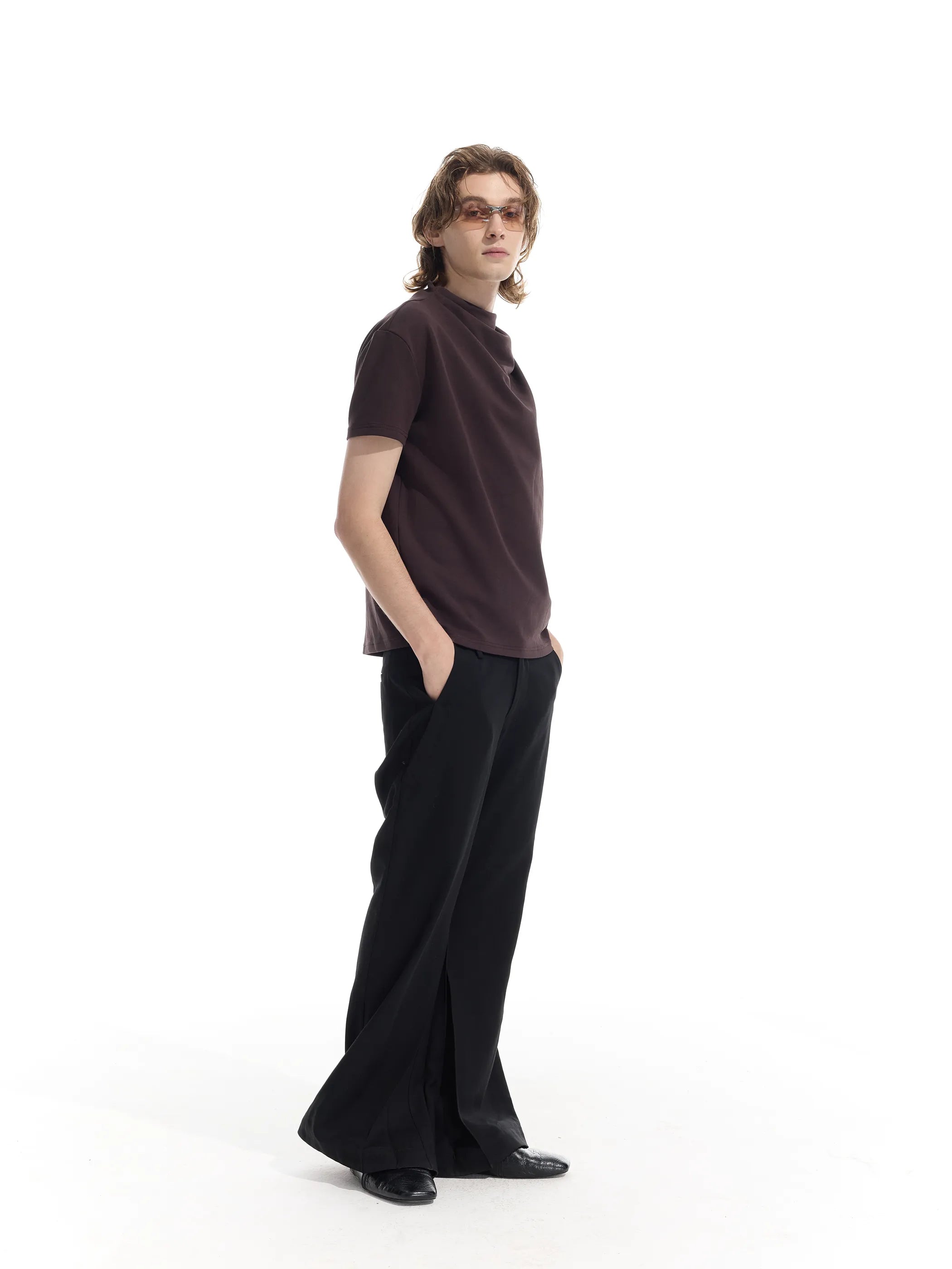 Semi-high neck ruched casual T-shirt
