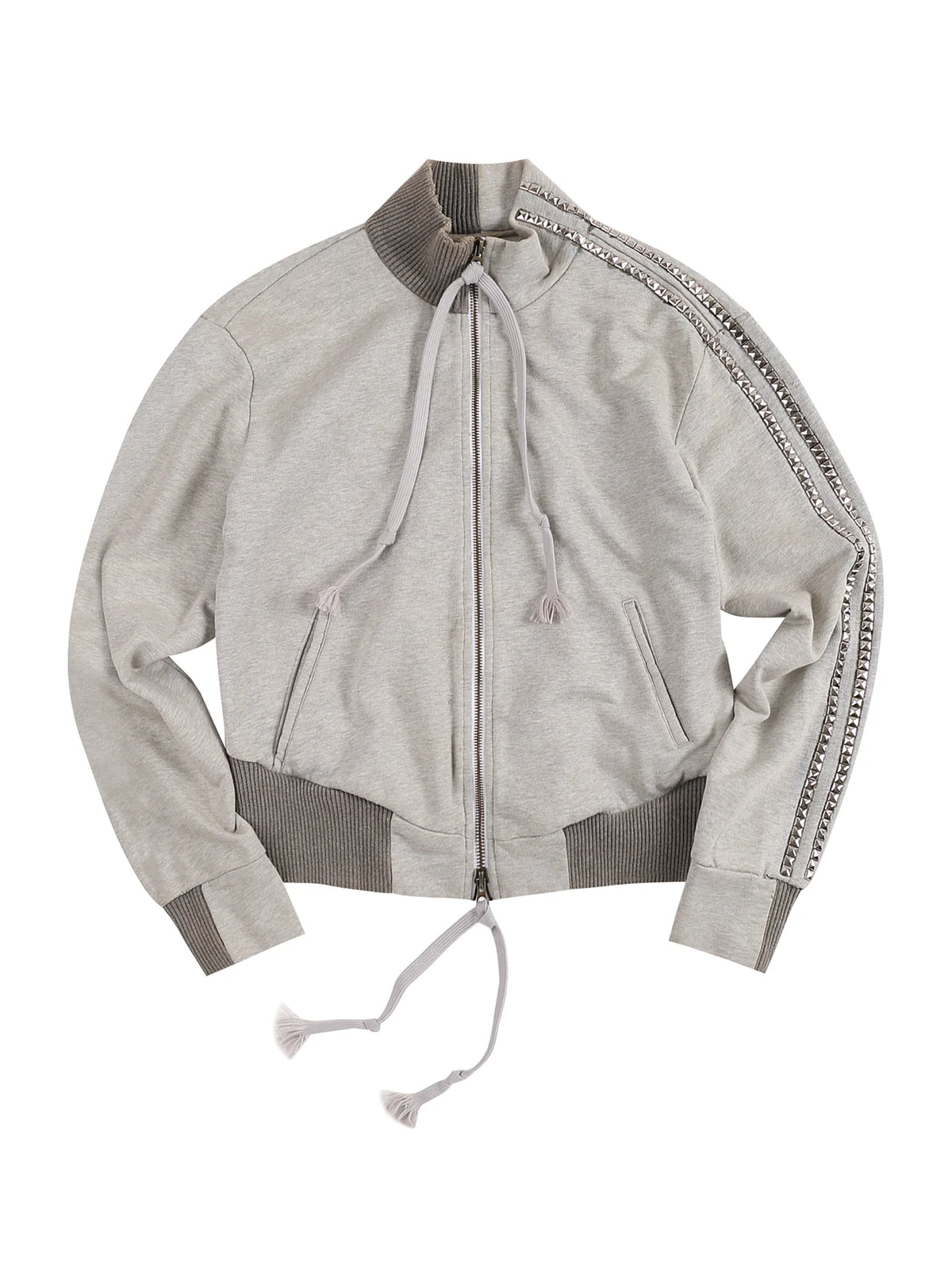 Washed Rhinestone Sweatshirt Jacket with an Irregular Zipper