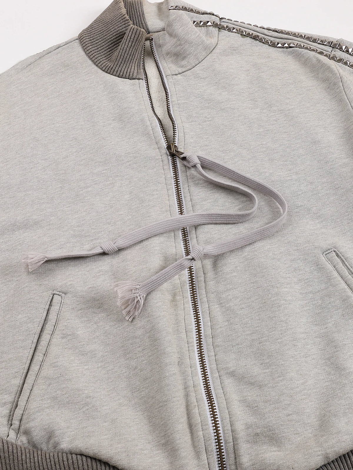 Washed Rhinestone Sweatshirt Jacket with an Irregular Zipper