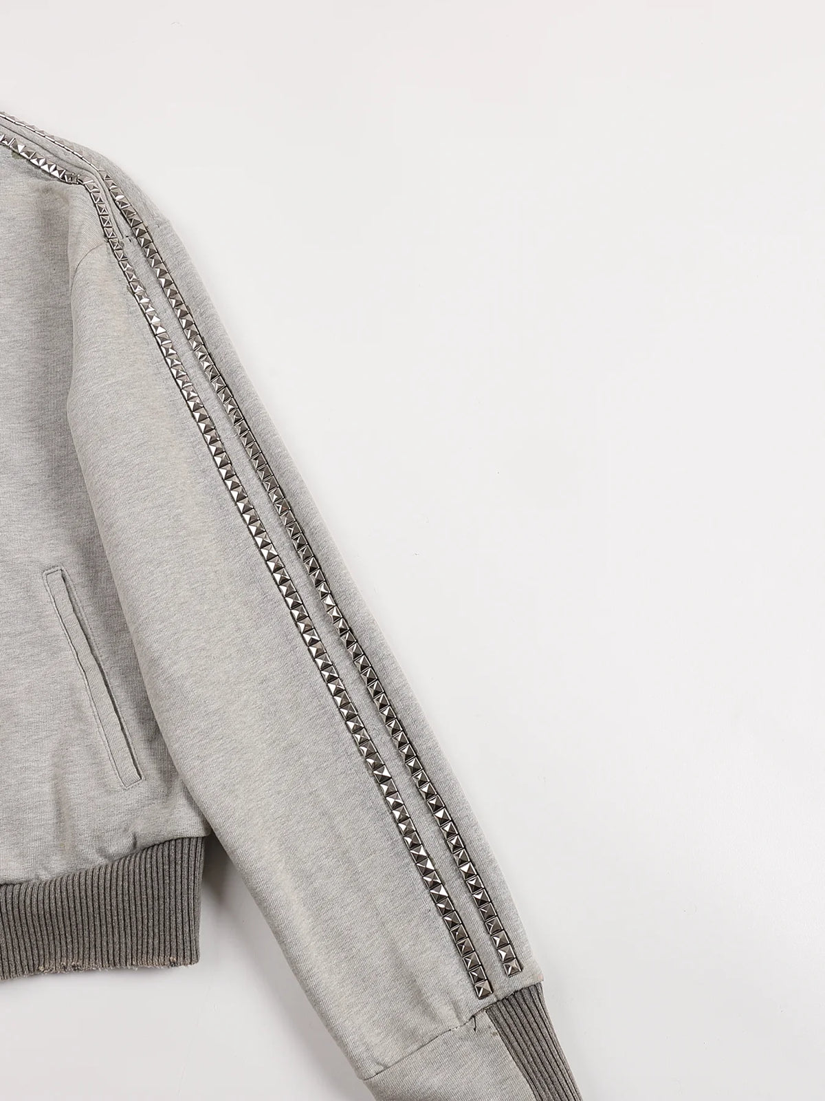 Washed Rhinestone Sweatshirt Jacket with an Irregular Zipper