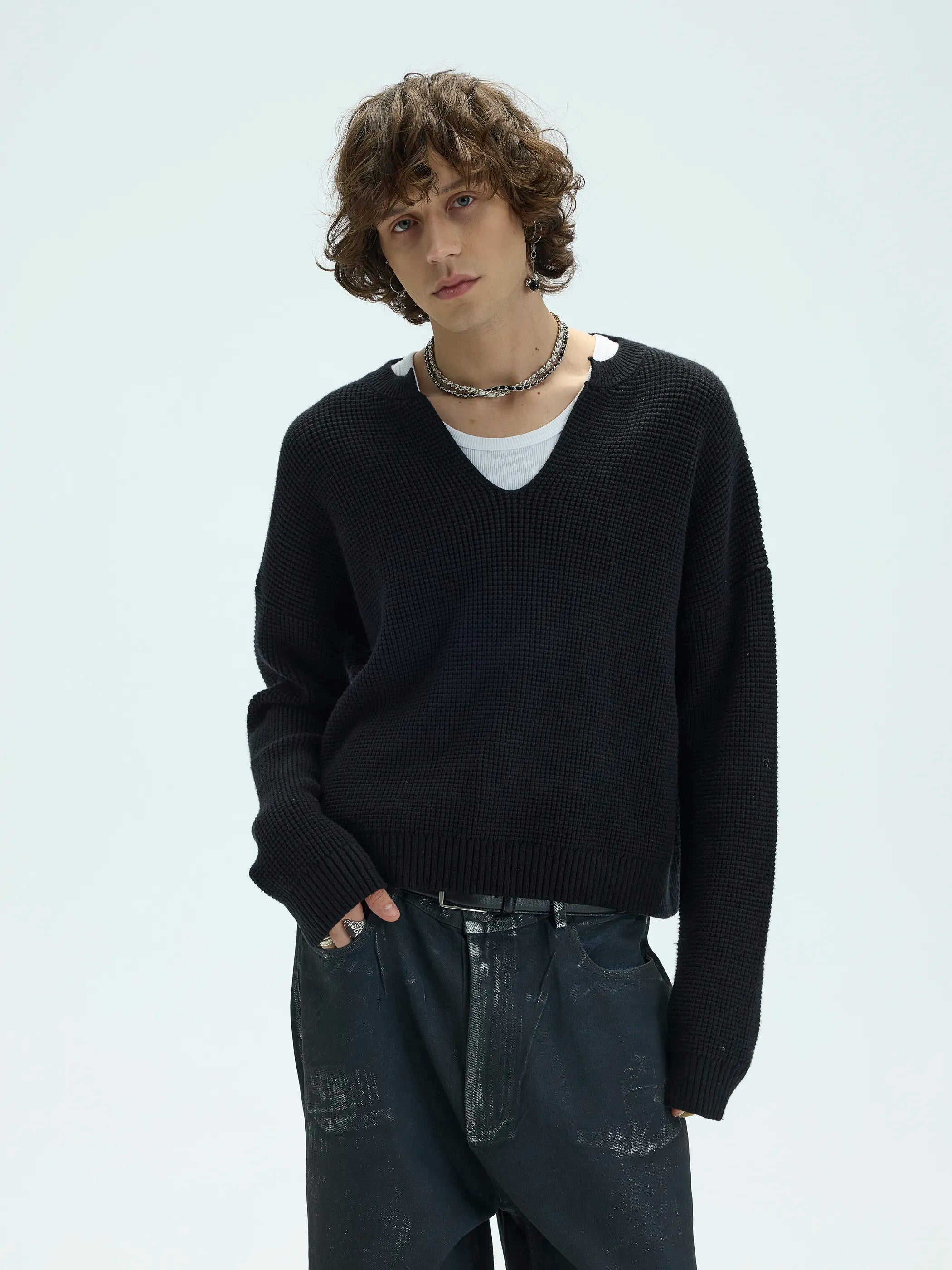 Main shot of 3D Waffle Texture Lace-Label Sweater
