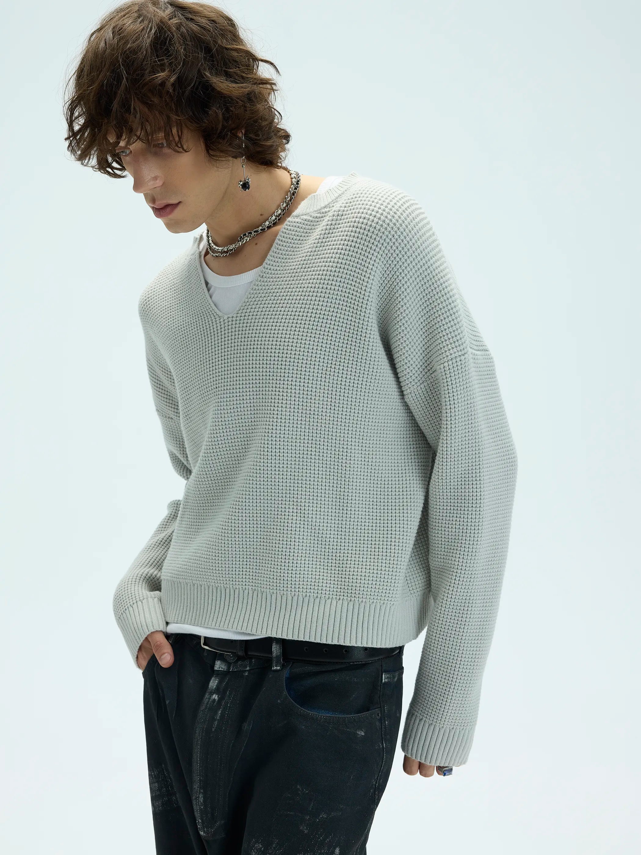 Main shot of 3D Waffle Texture Lace-Label Sweater
