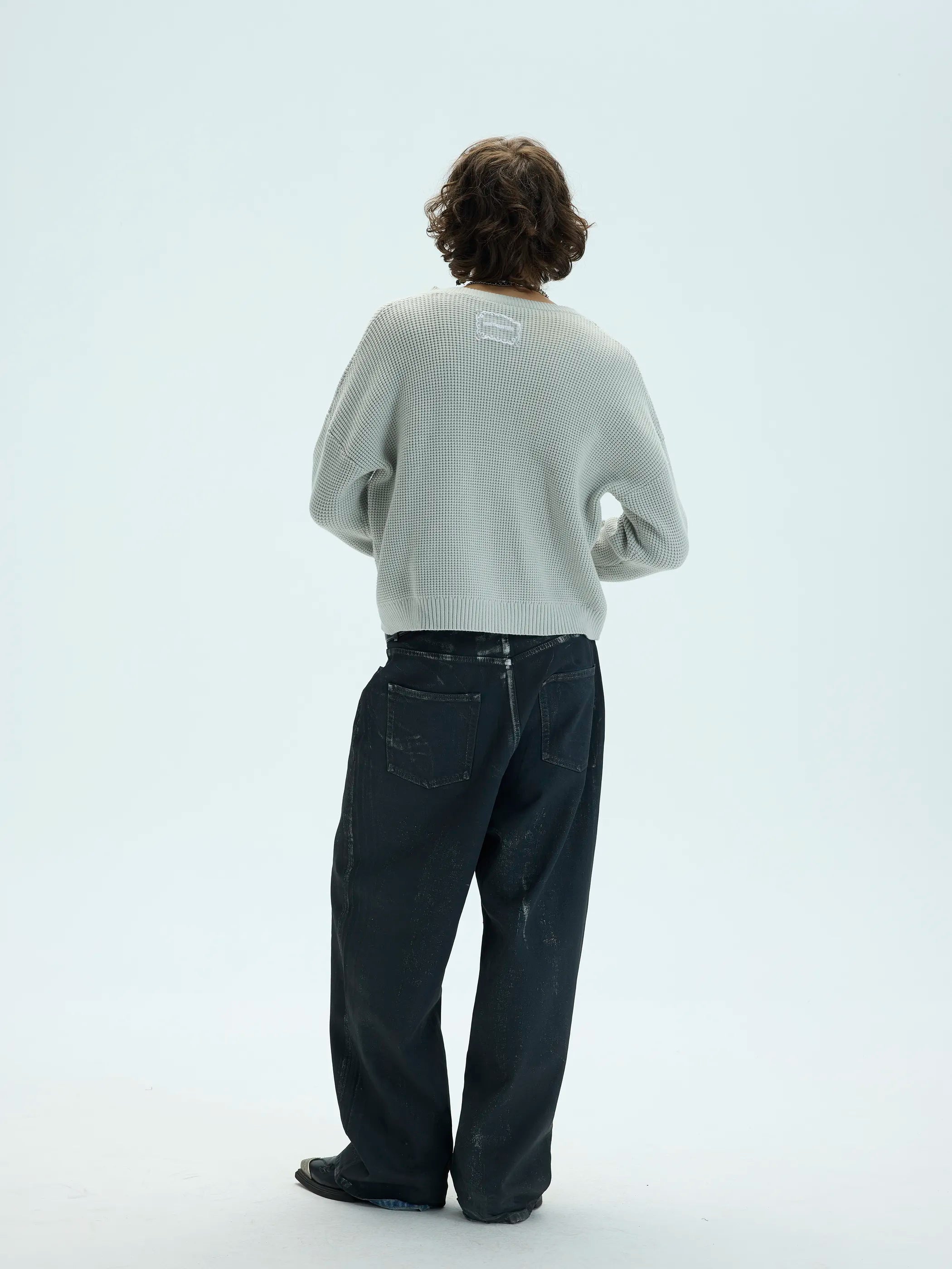 Model shot of 3D Waffle Texture Lace-Label Sweater 6