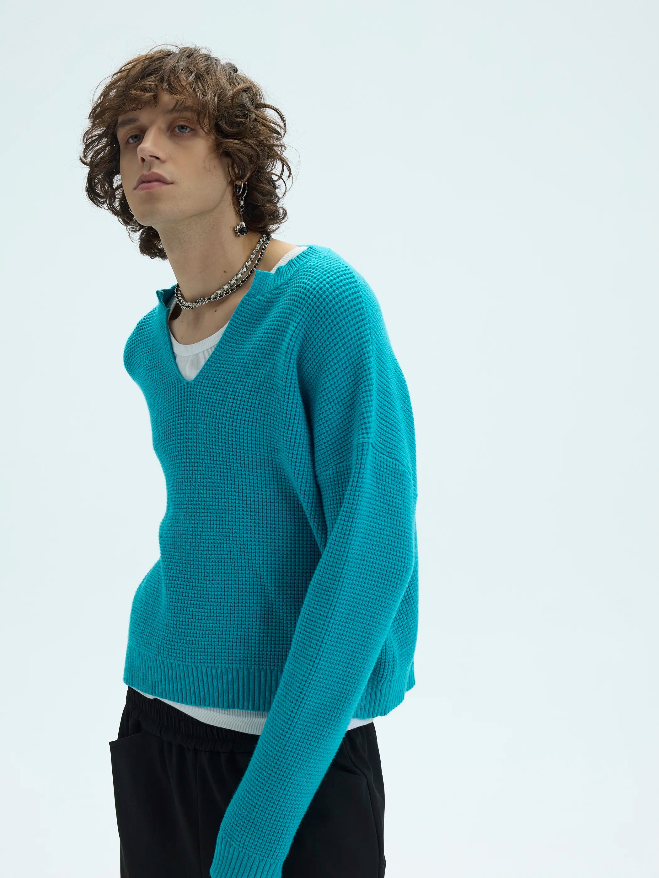 Main shot of 3D Waffle Texture Lace-Label Sweater