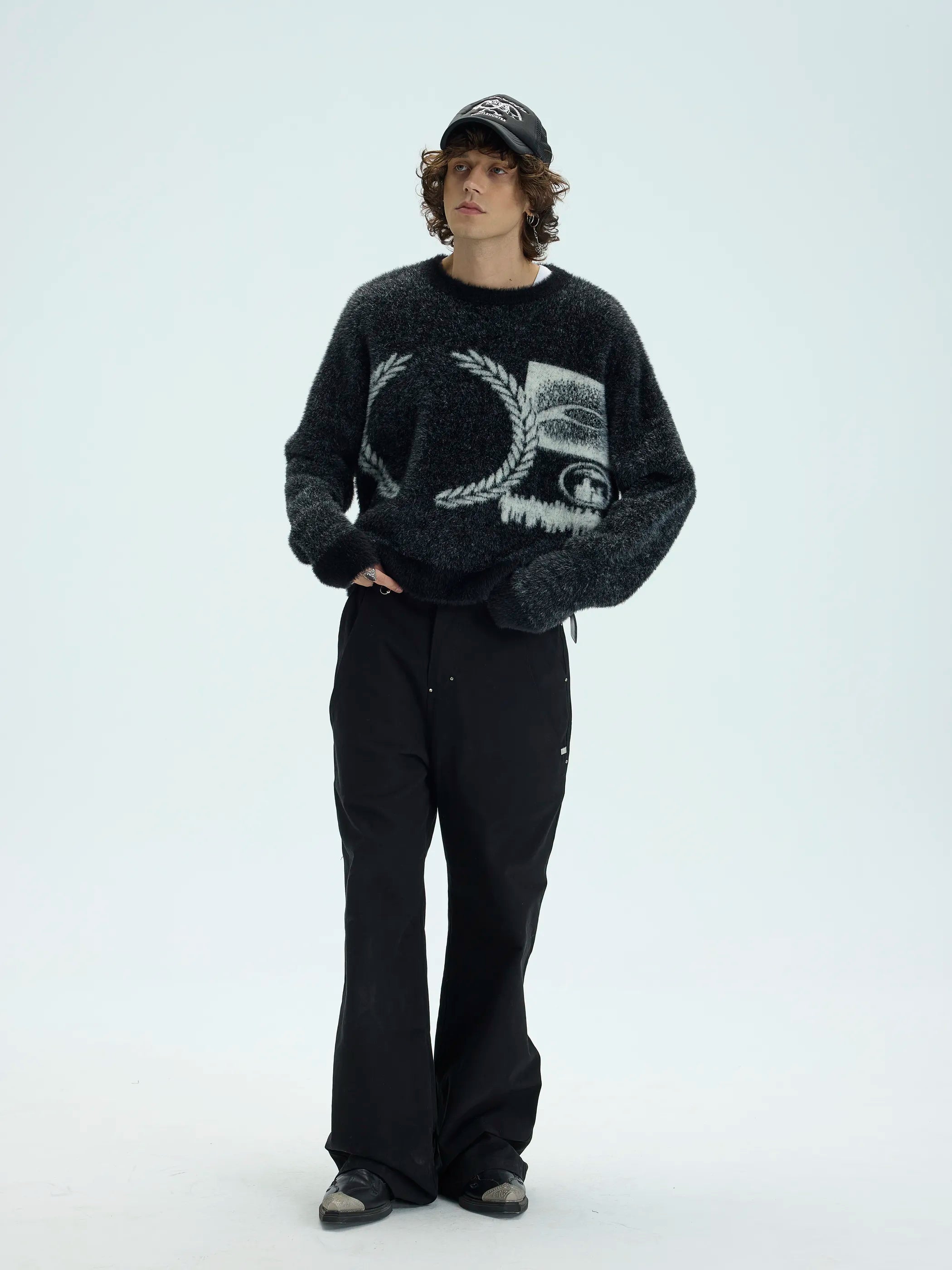 Model shot of Faux Fur Jacquard Wool Pullover 2