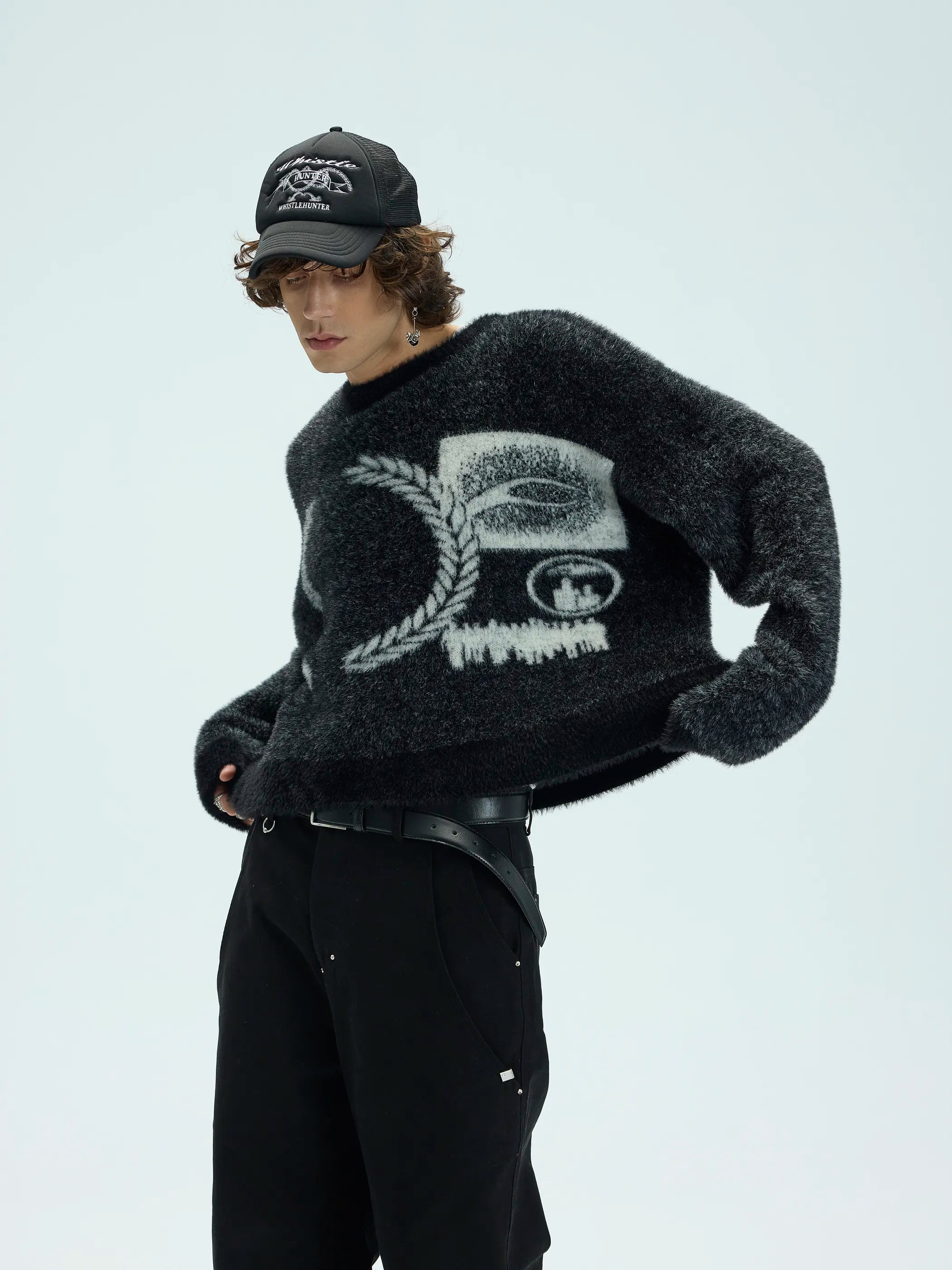 Model shot of Faux Fur Jacquard Wool Pullover 3