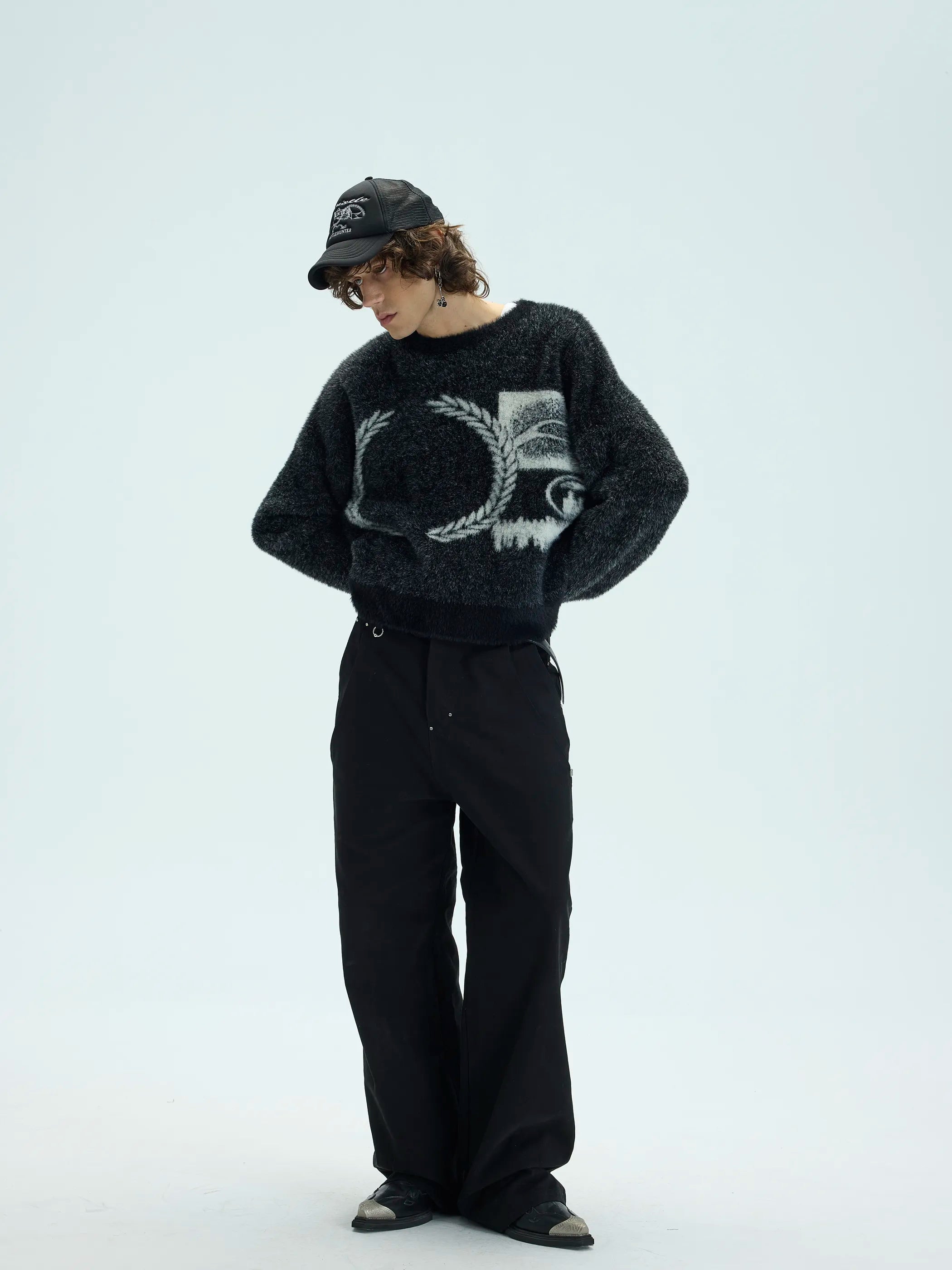 Model shot of Faux Fur Jacquard Wool Pullover 4