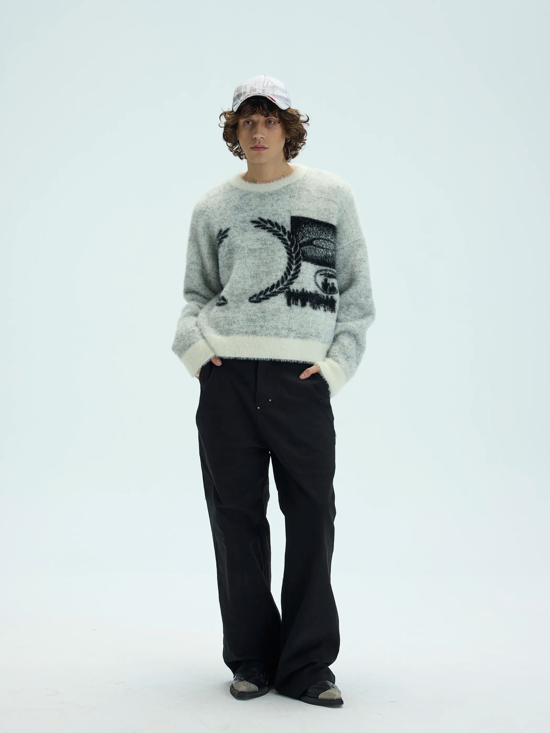 Model shot of Faux Fur Jacquard Wool Pullover 2