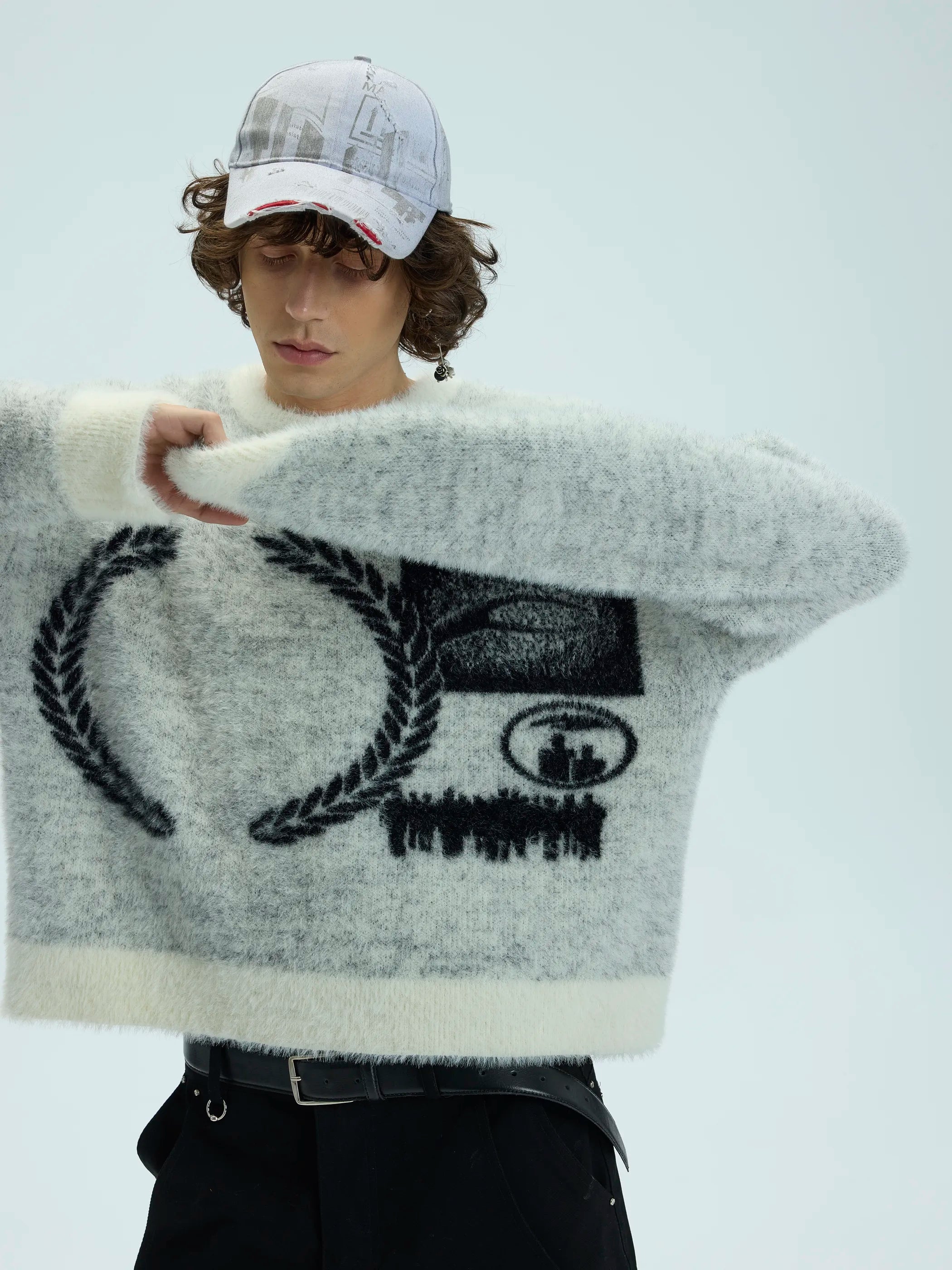 Model shot of Faux Fur Jacquard Wool Pullover 3