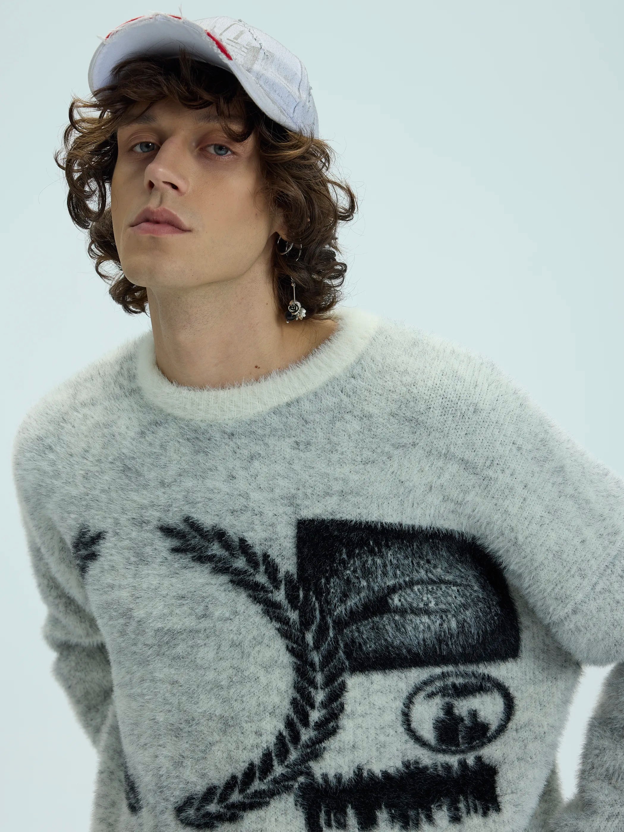 Model shot of Faux Fur Jacquard Wool Pullover 4