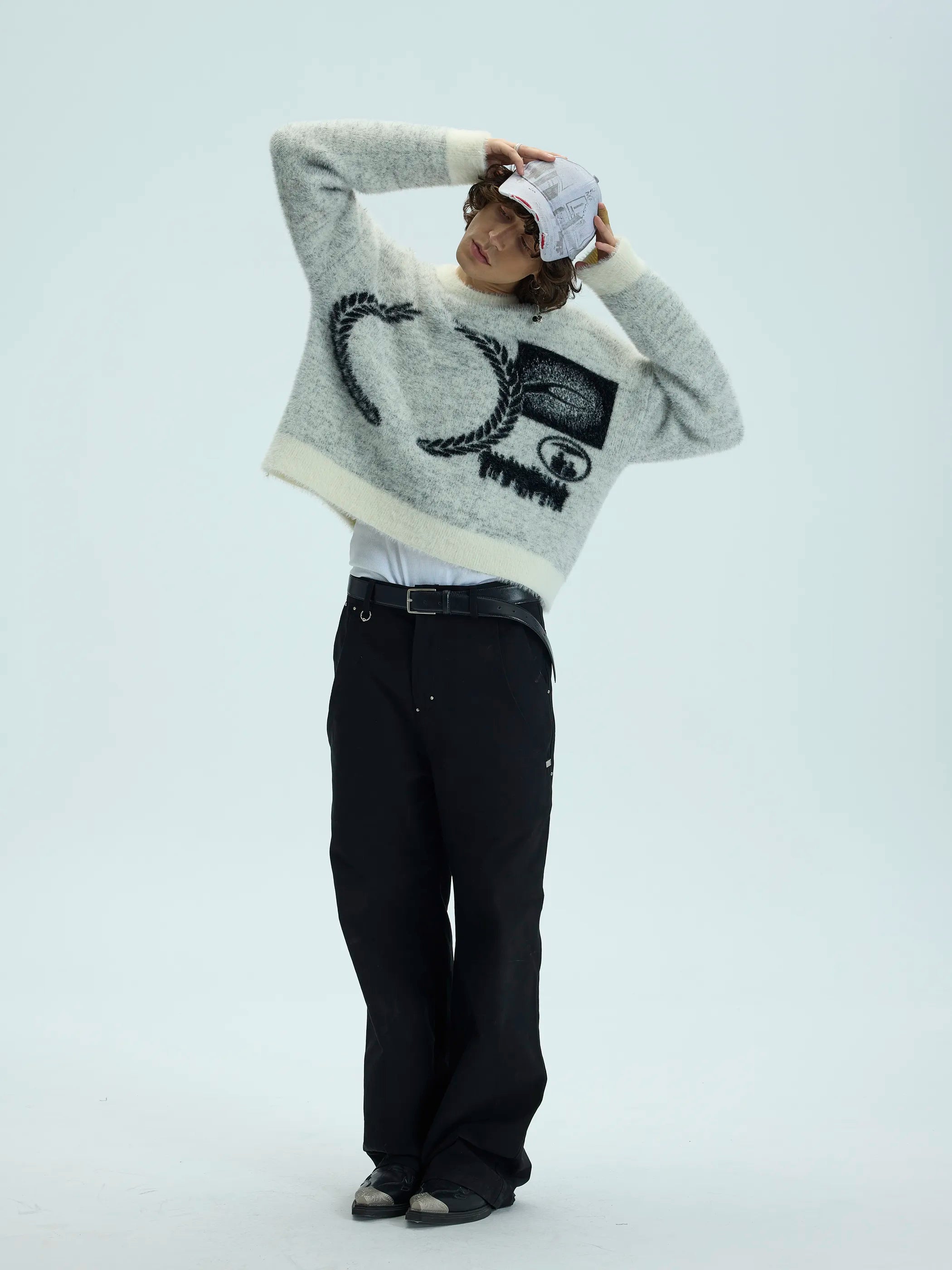 Model shot of Faux Fur Jacquard Wool Pullover 5