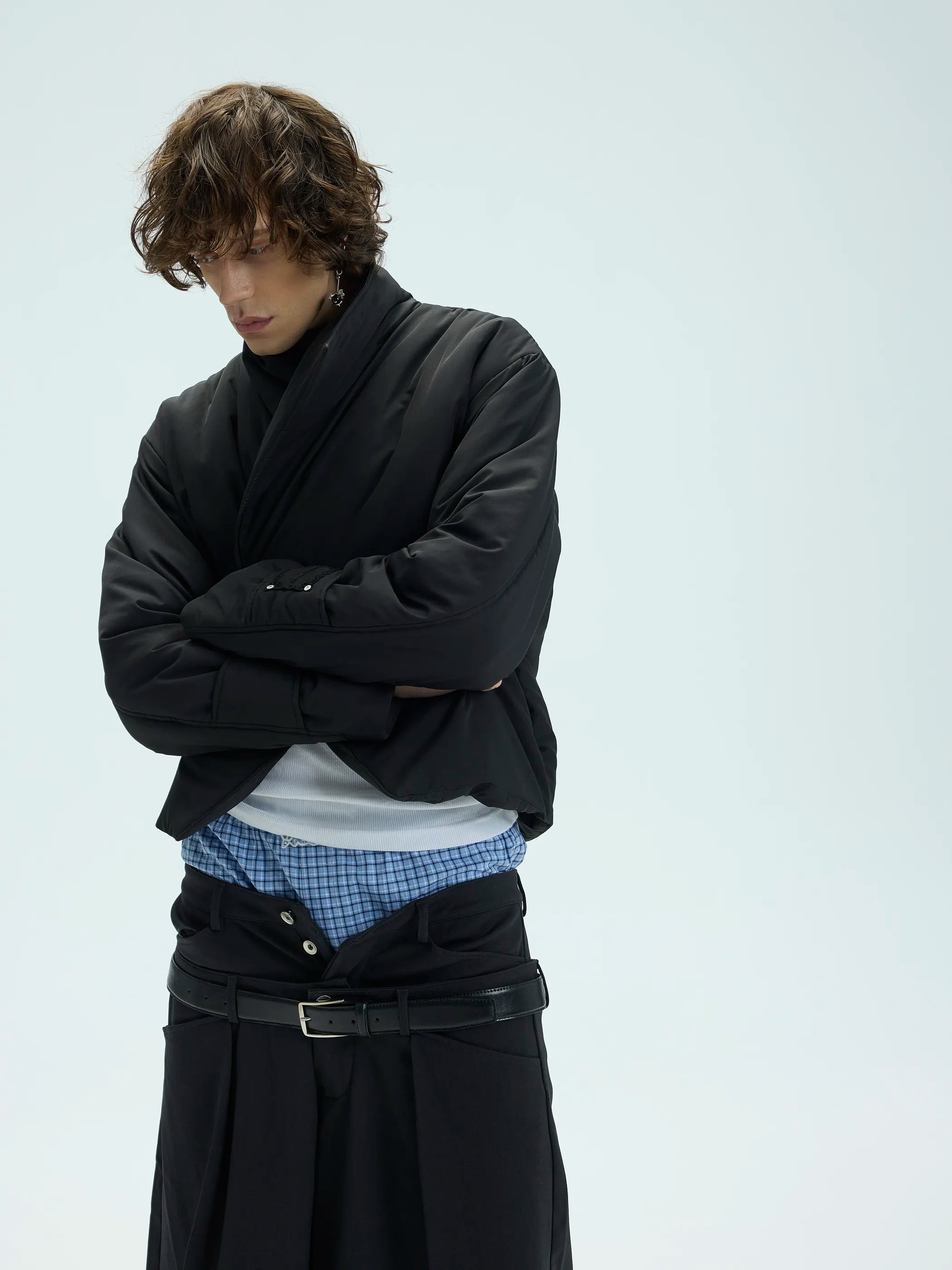 Model shot of Single-Button High-Neck Split-Hem Cotton Coat 5