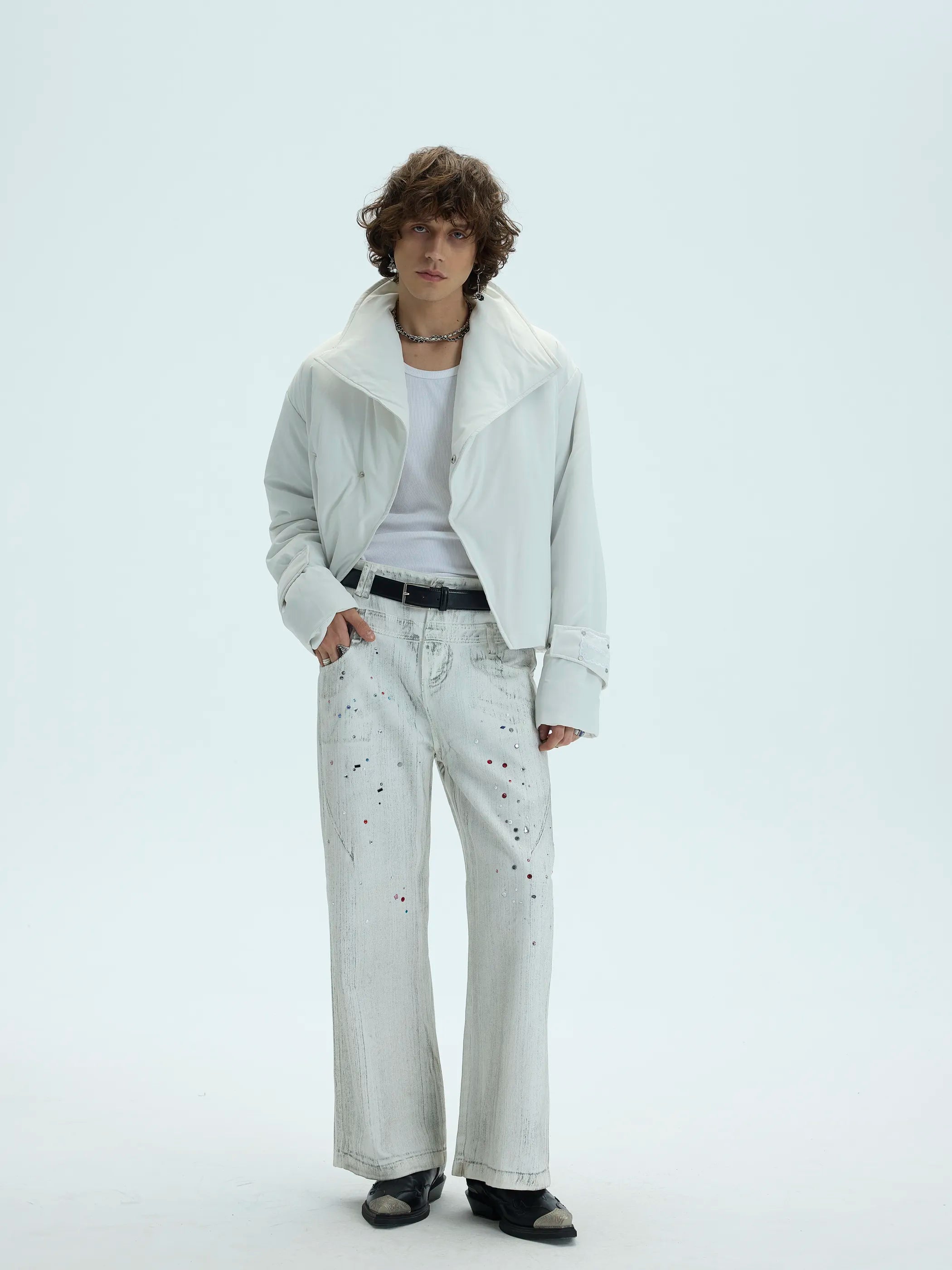 Model shot of Single-Button High-Neck Split-Hem Cotton Coat 2