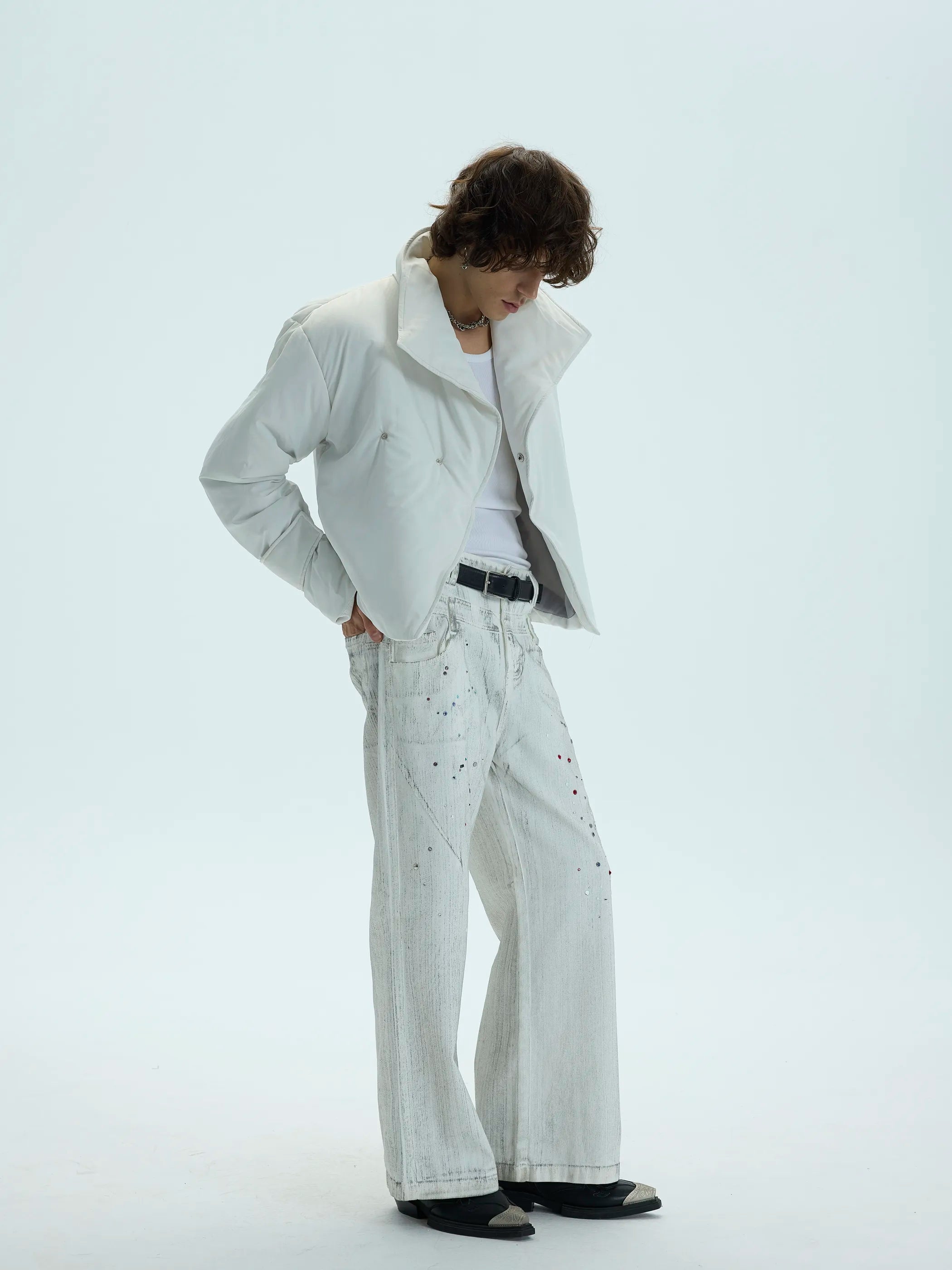 Model shot of Single-Button High-Neck Split-Hem Cotton Coat 7
