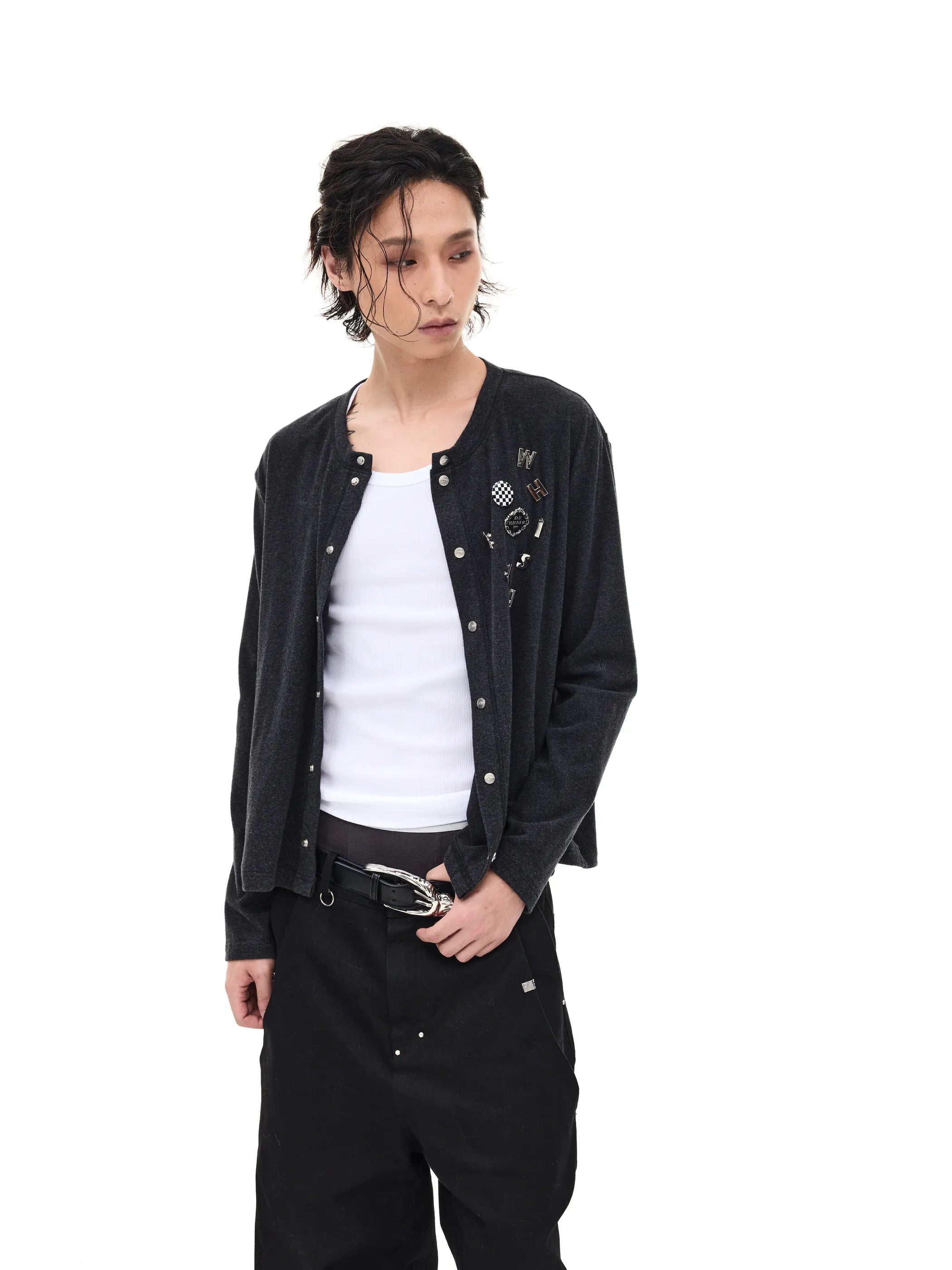 Badge-embroidered wool-blend slim-fit