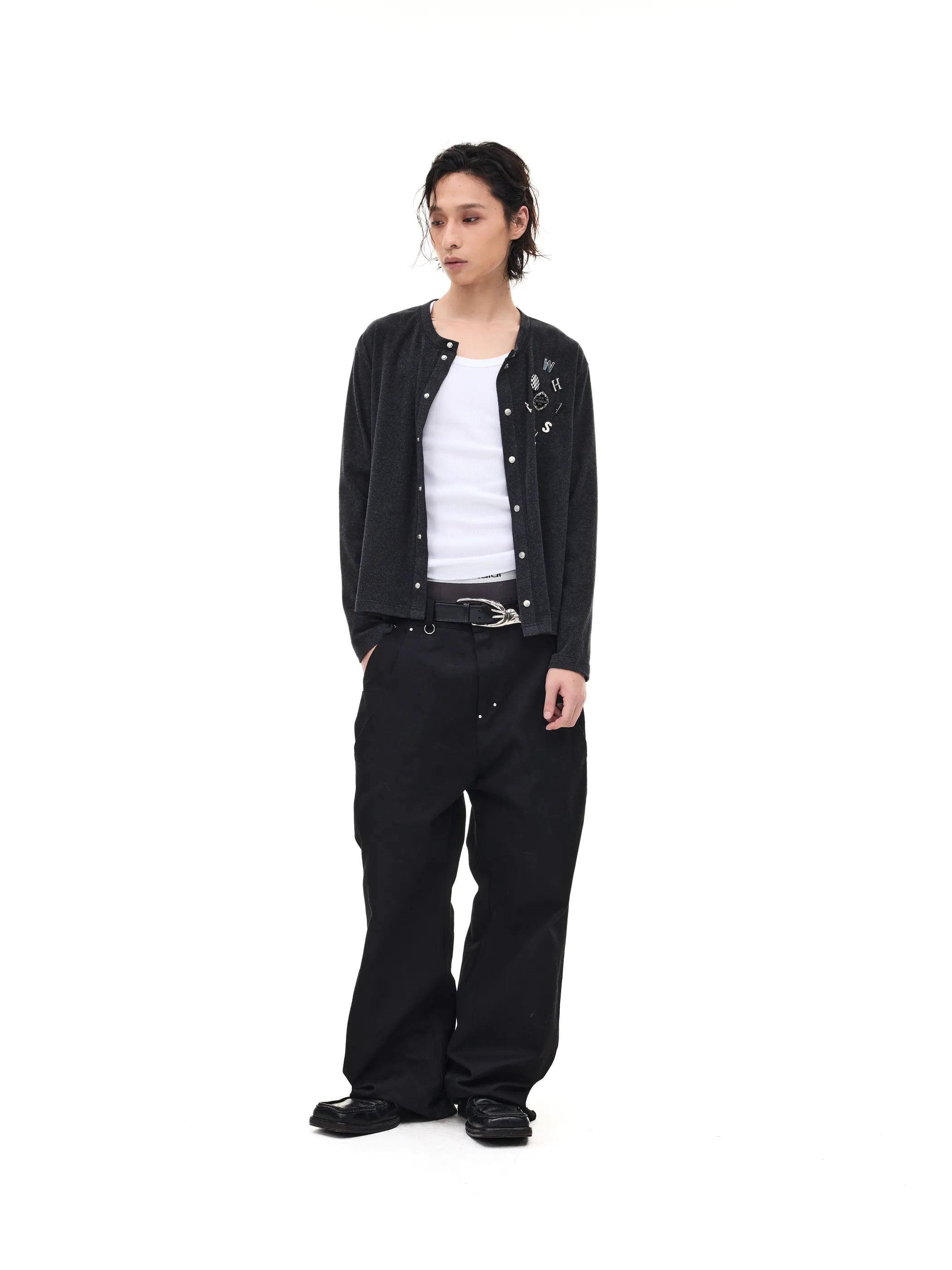 Badge-embroidered wool-blend slim-fit