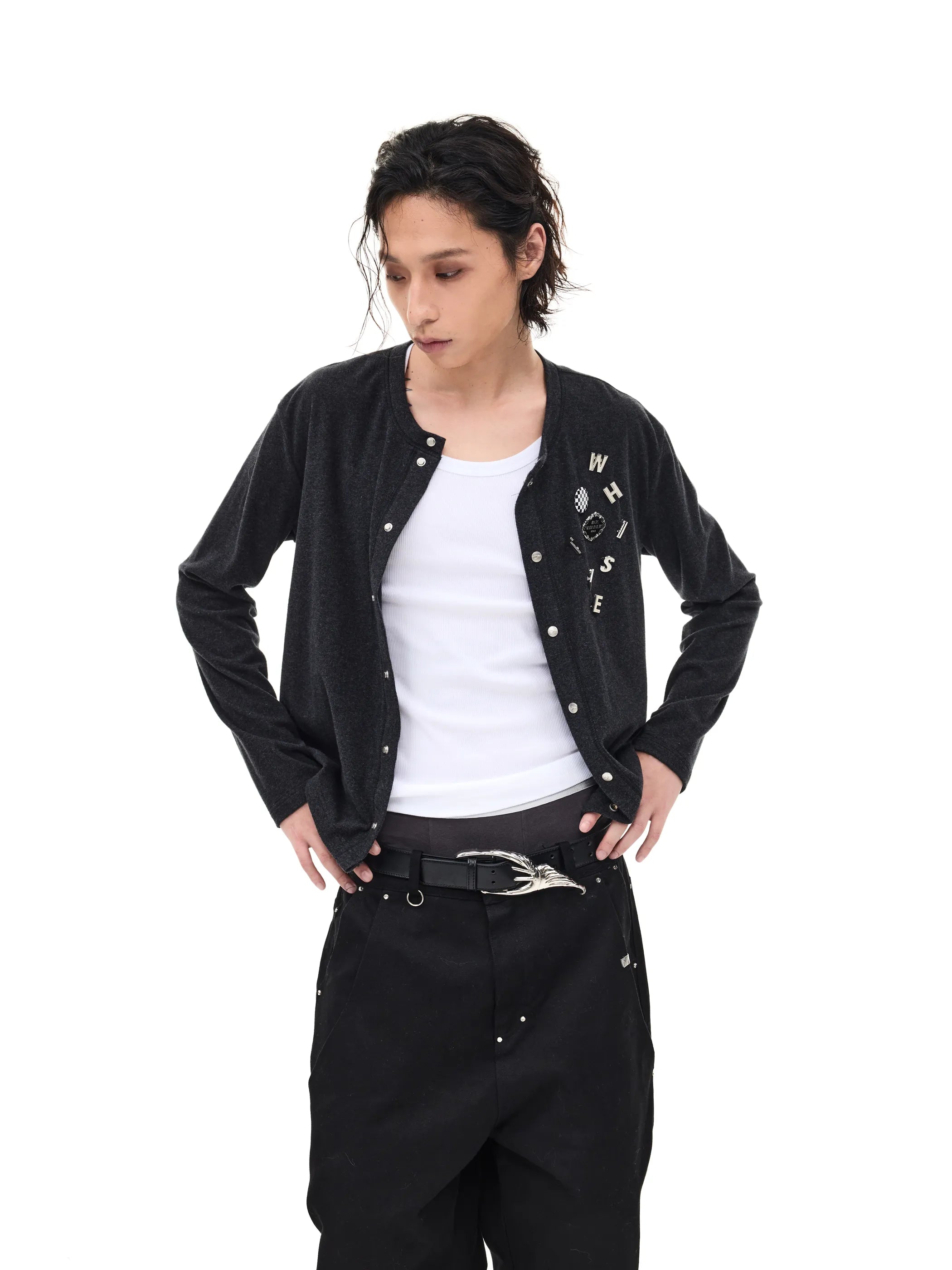 Badge-embroidered wool-blend slim-fit