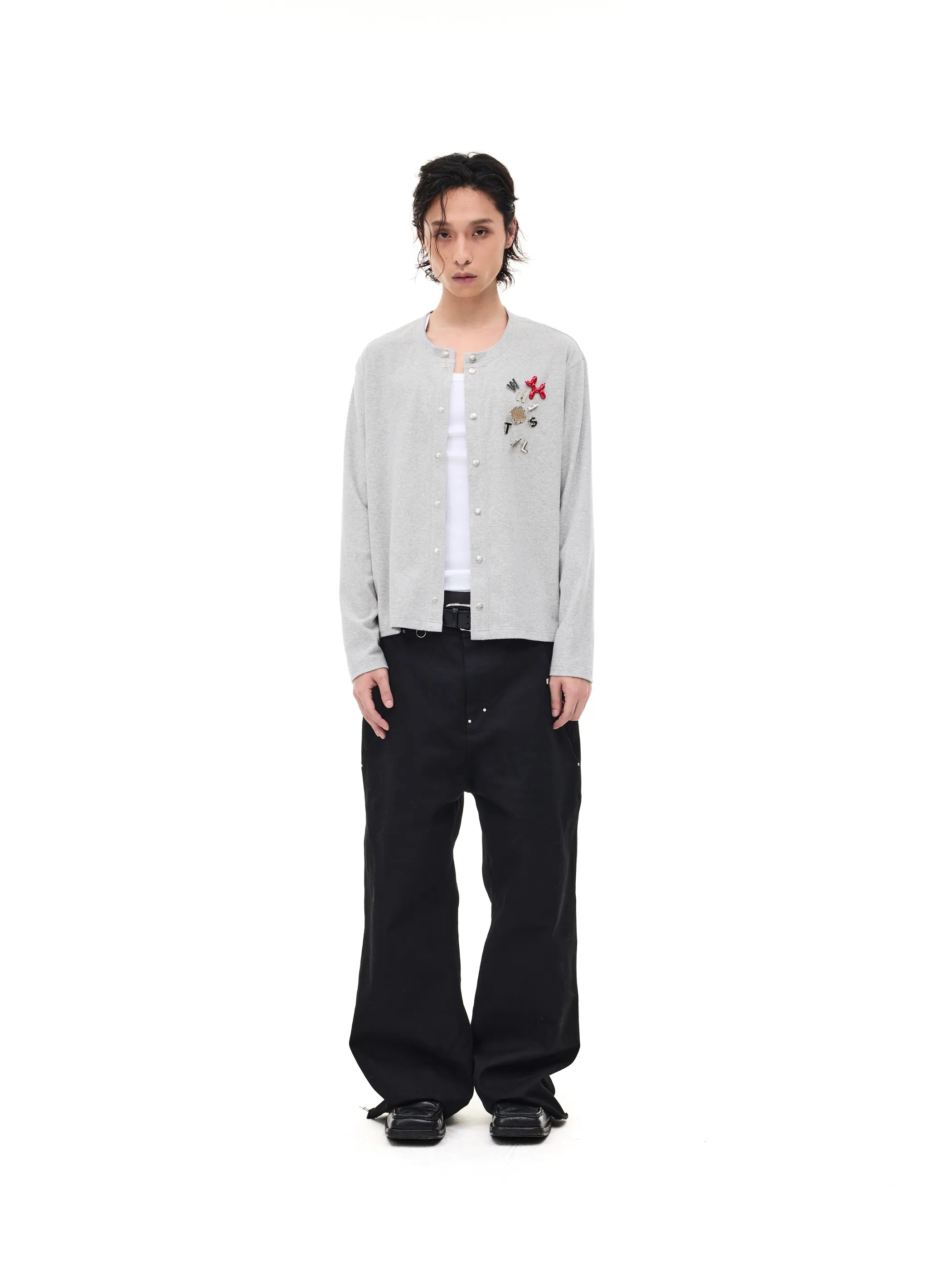 Badge-embroidered wool-blend slim-fit