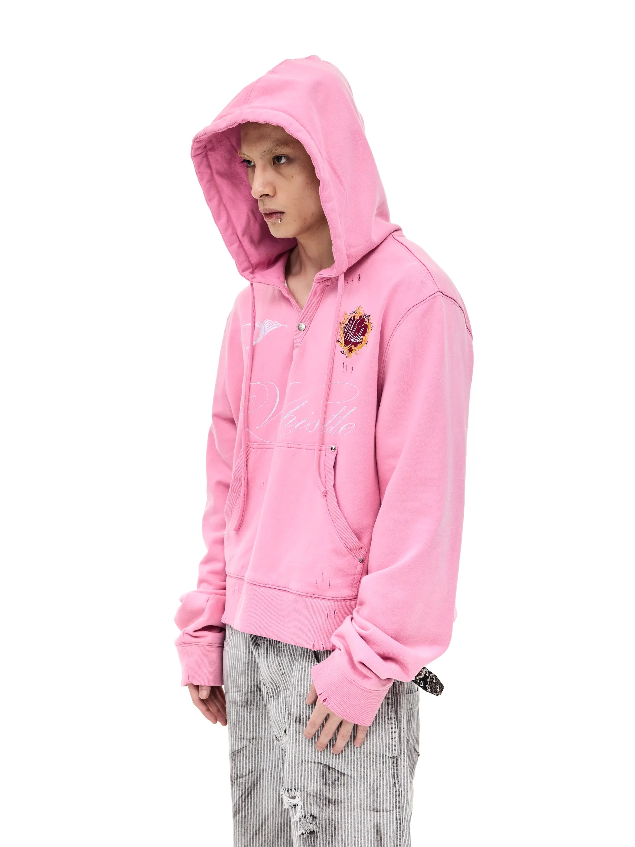 Distressed embroidered hooded sweatshirt