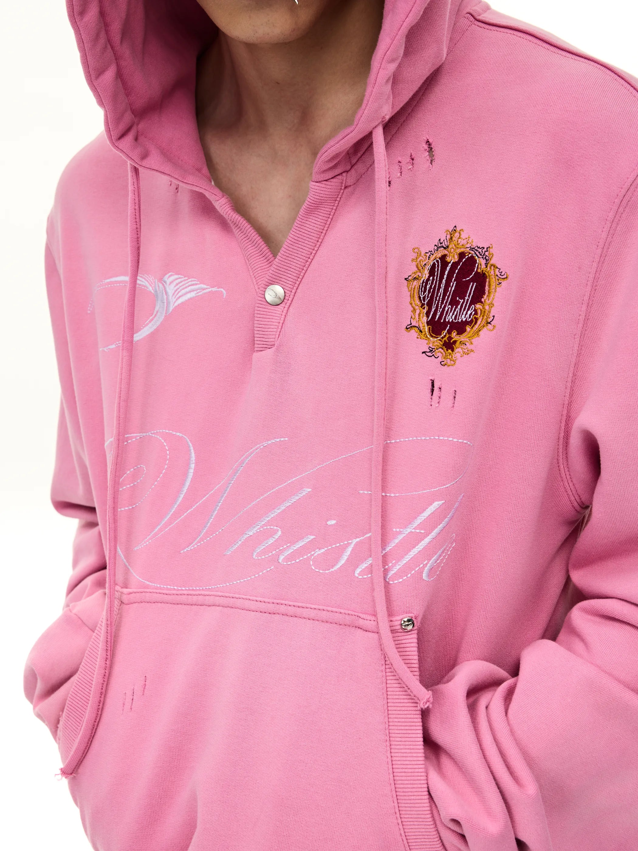 Distressed embroidered hooded sweatshirt