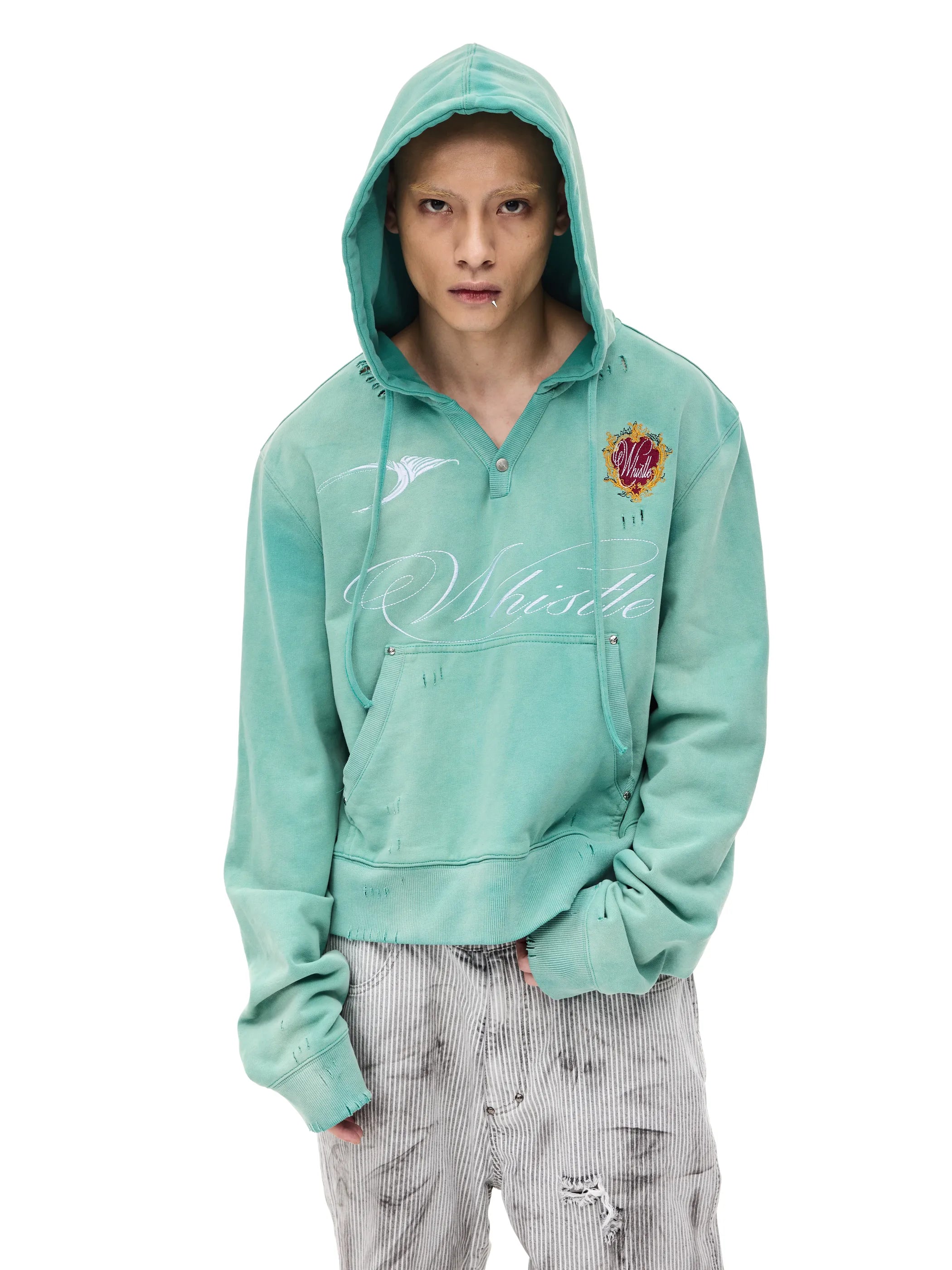 Distressed embroidered hooded sweatshirt