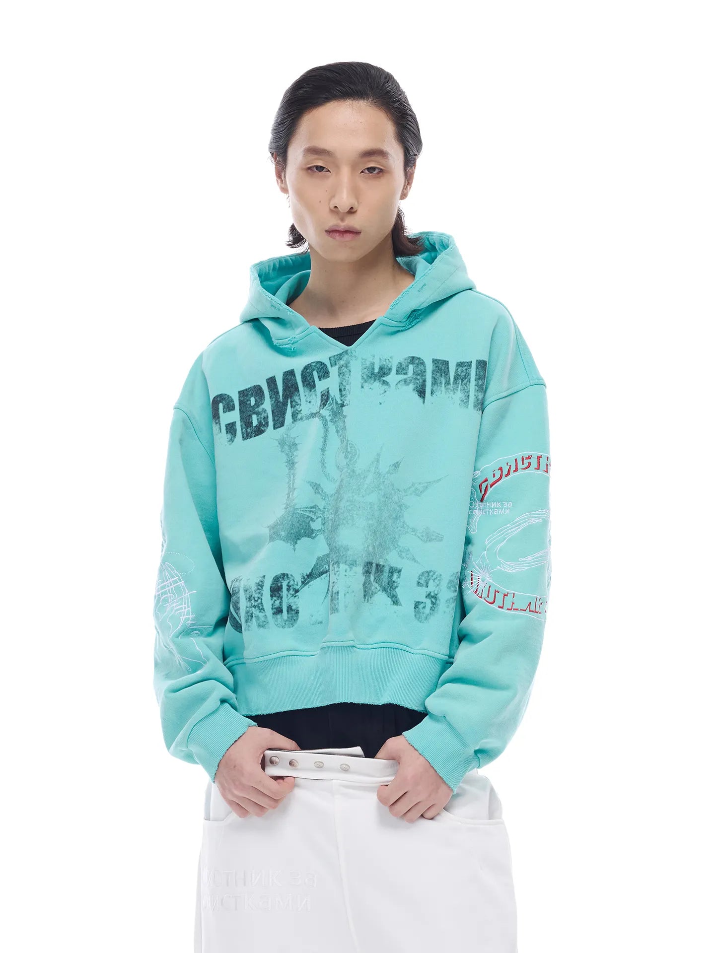 Distressed embroidered V-neck hoodie