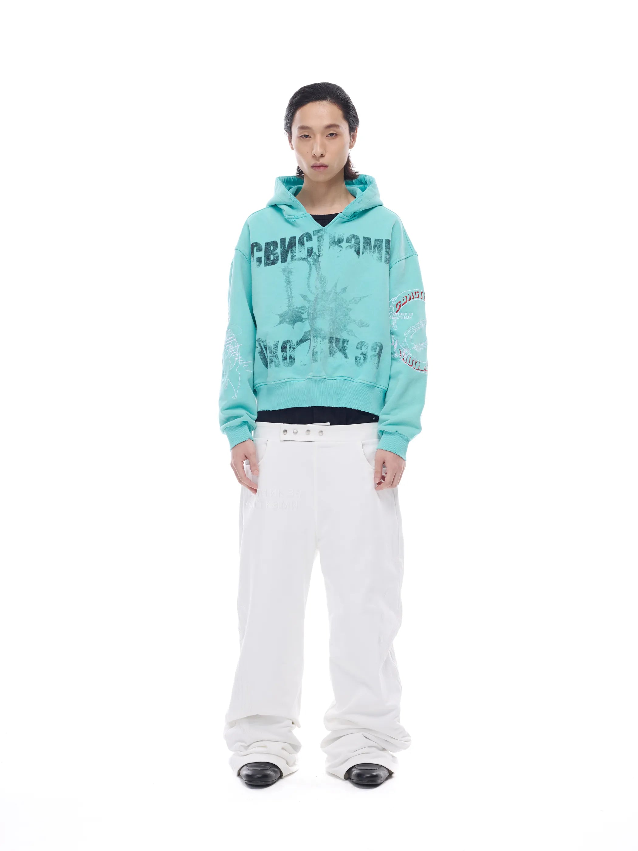 Distressed embroidered V-neck hoodie