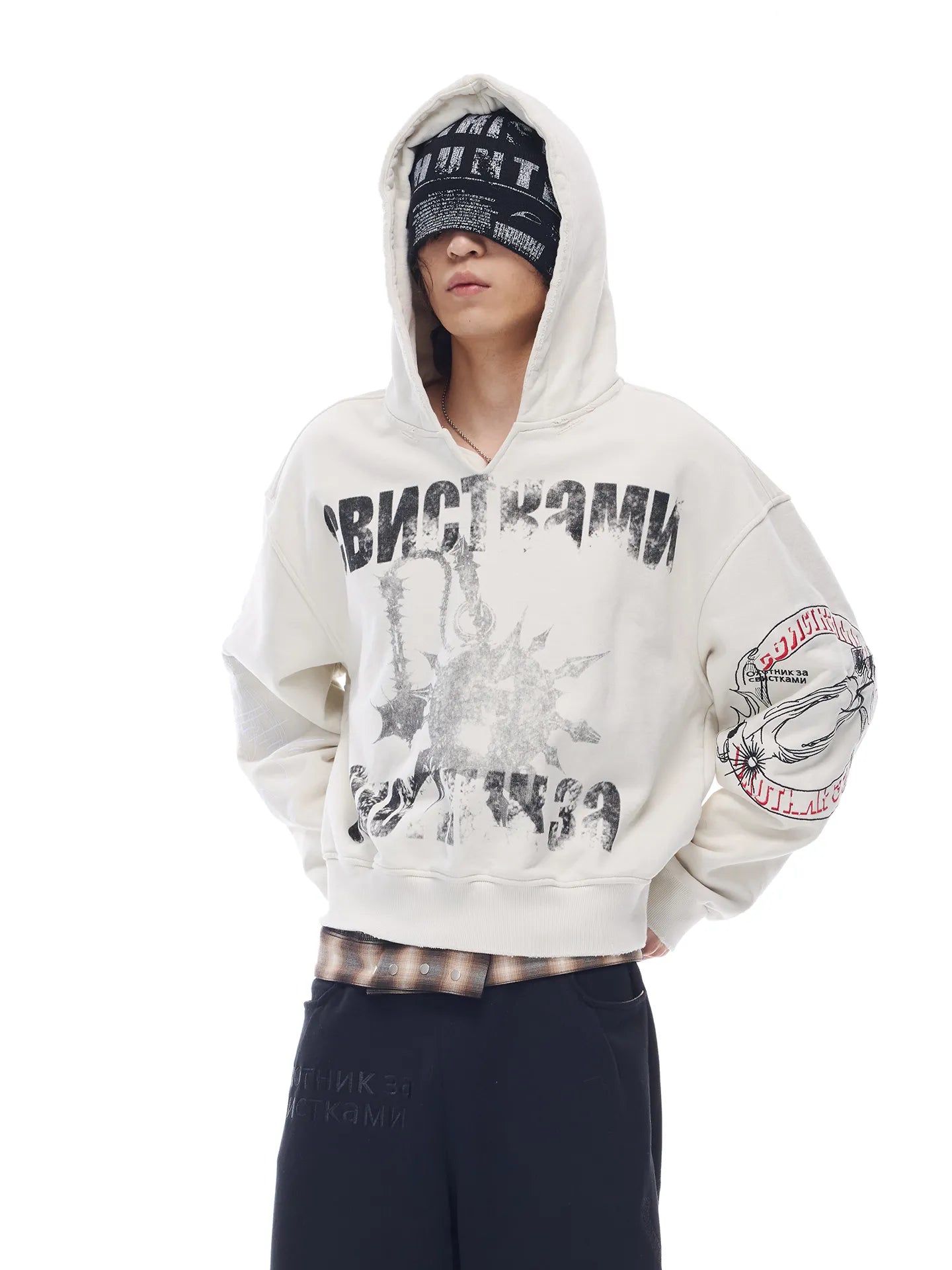 Distressed embroidered V-neck hoodie