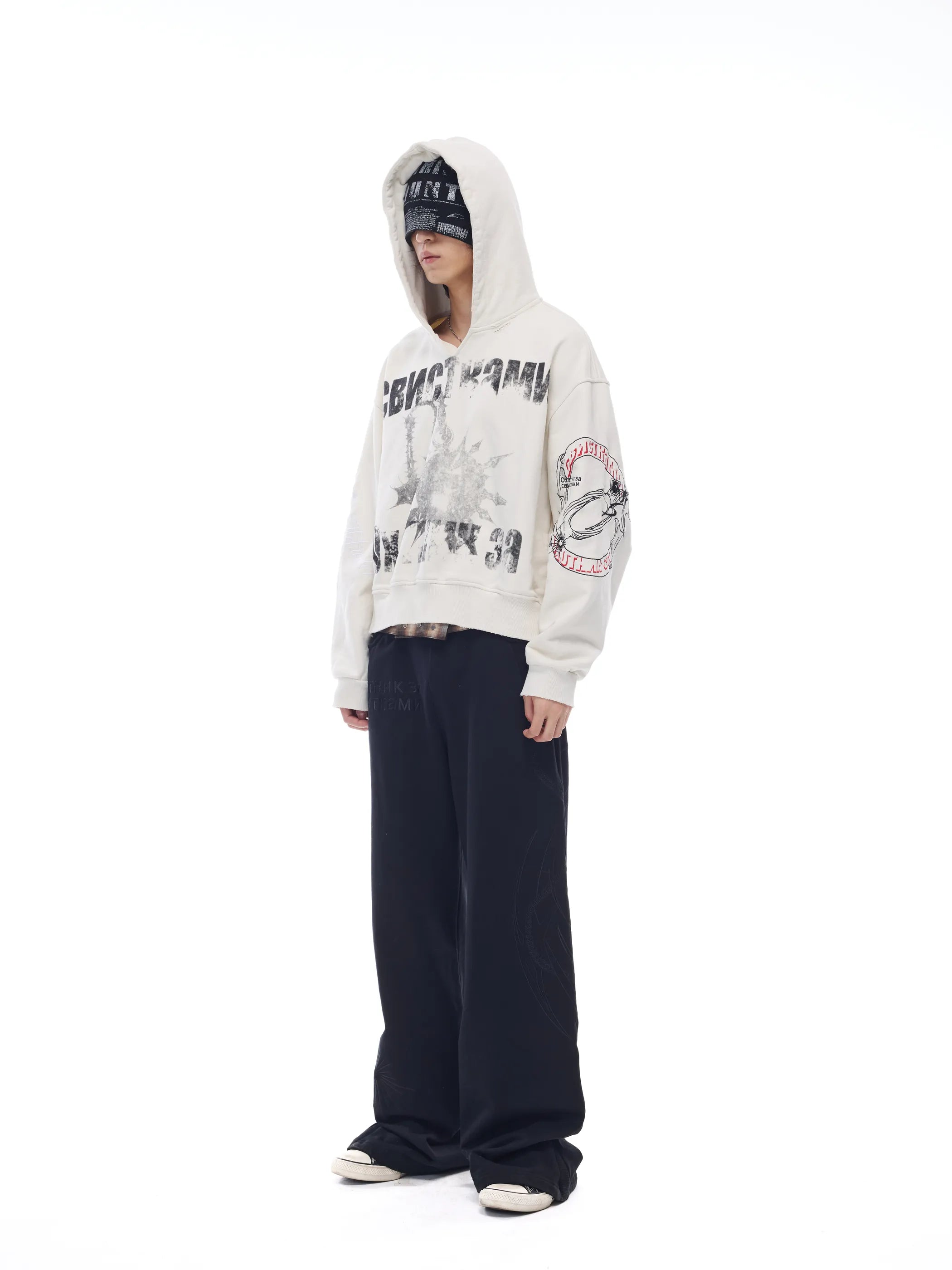 Distressed embroidered V-neck hoodie