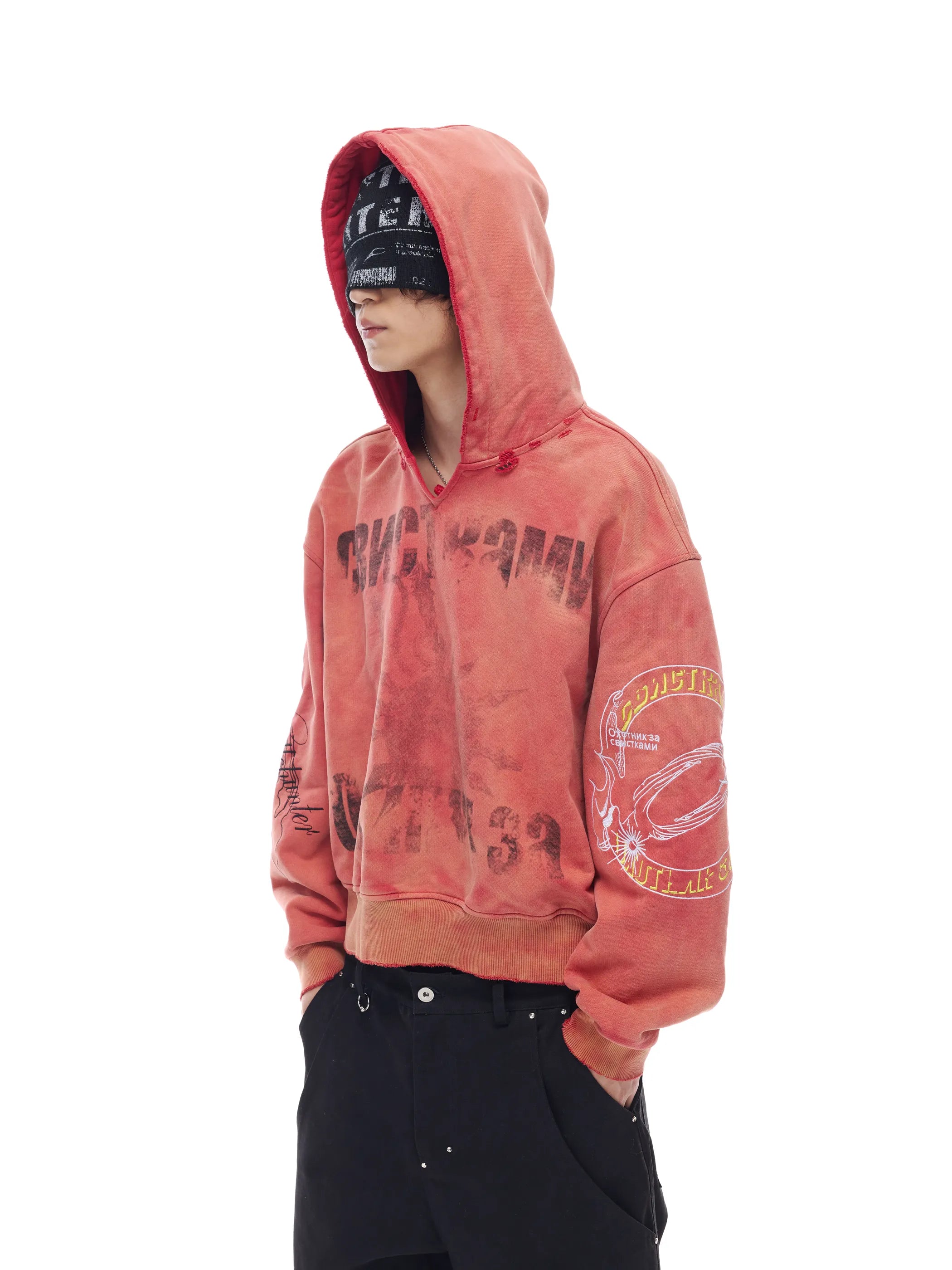 Distressed embroidered V-neck hoodie