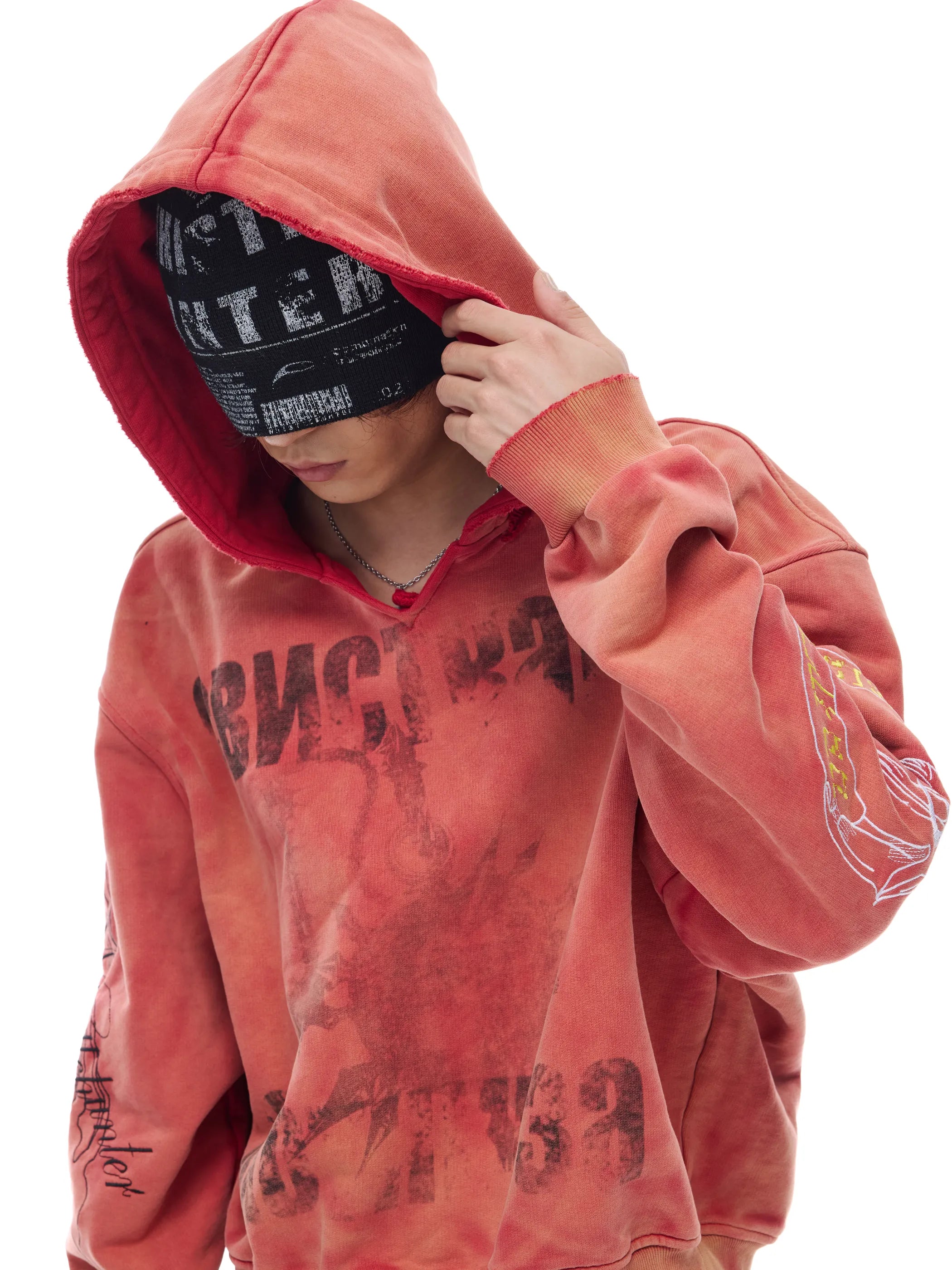 Distressed embroidered V-neck hoodie