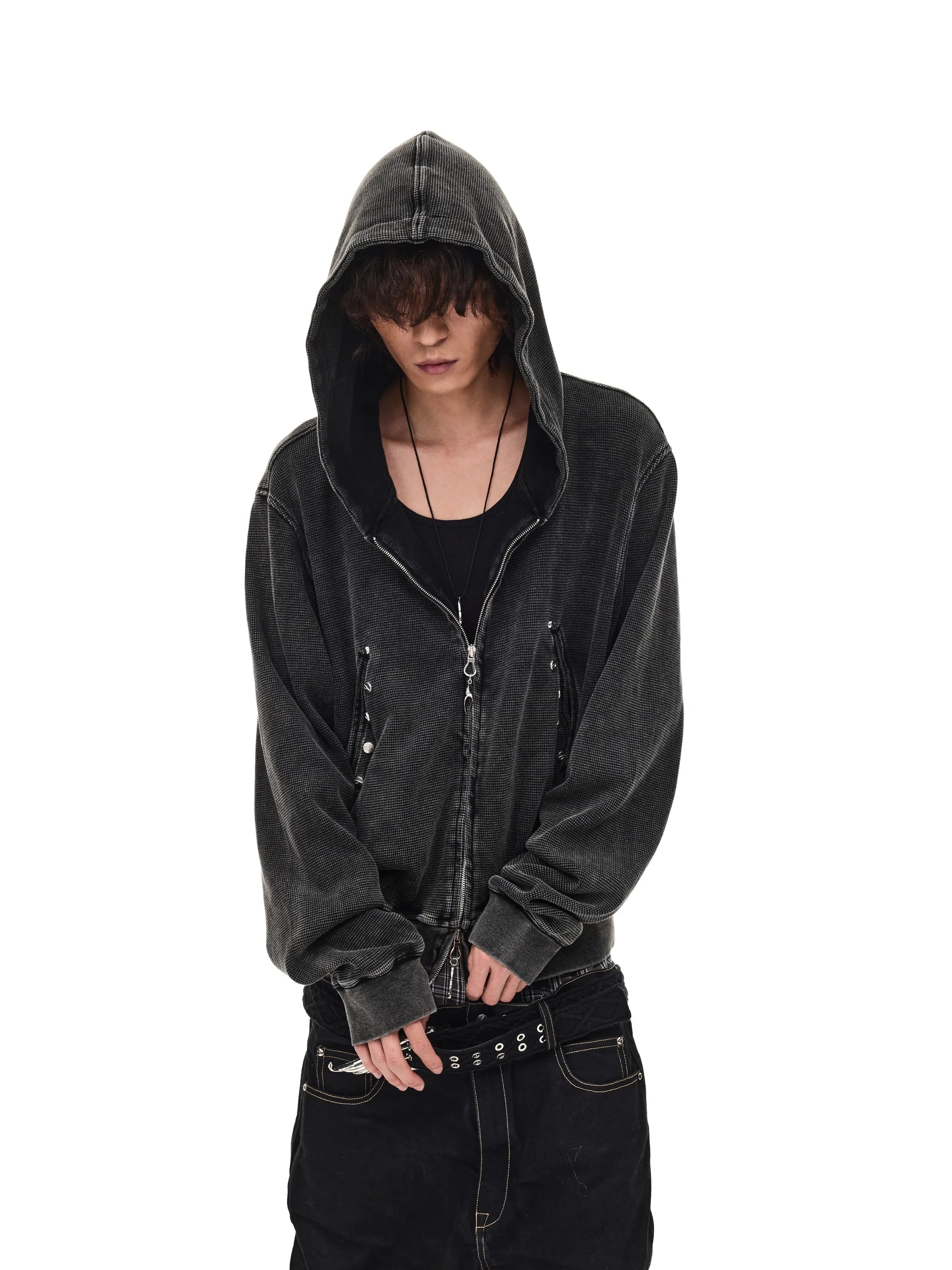 Distressed rivet-detailed hooded sweatshirt