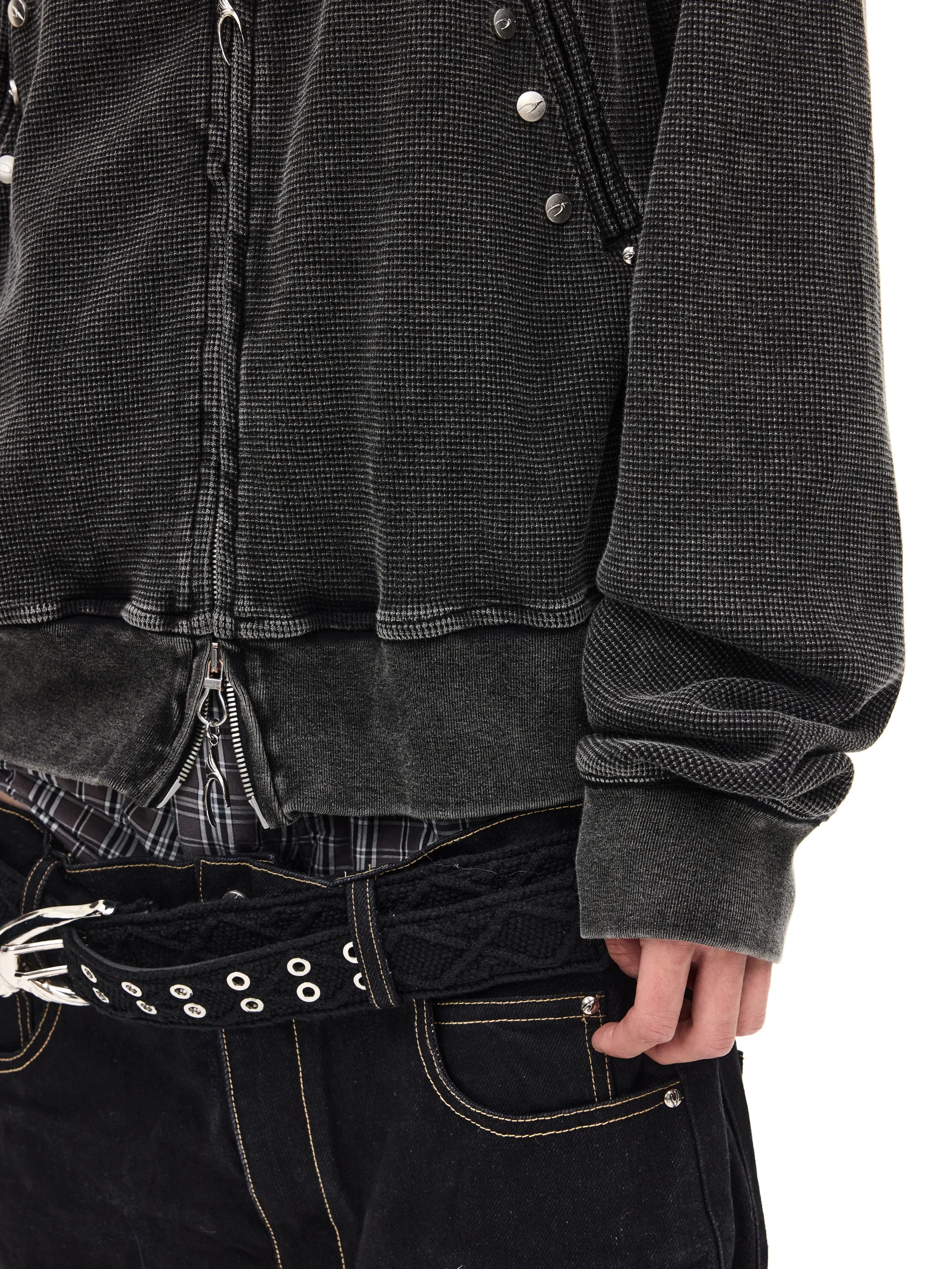 Distressed rivet-detailed hooded sweatshirt