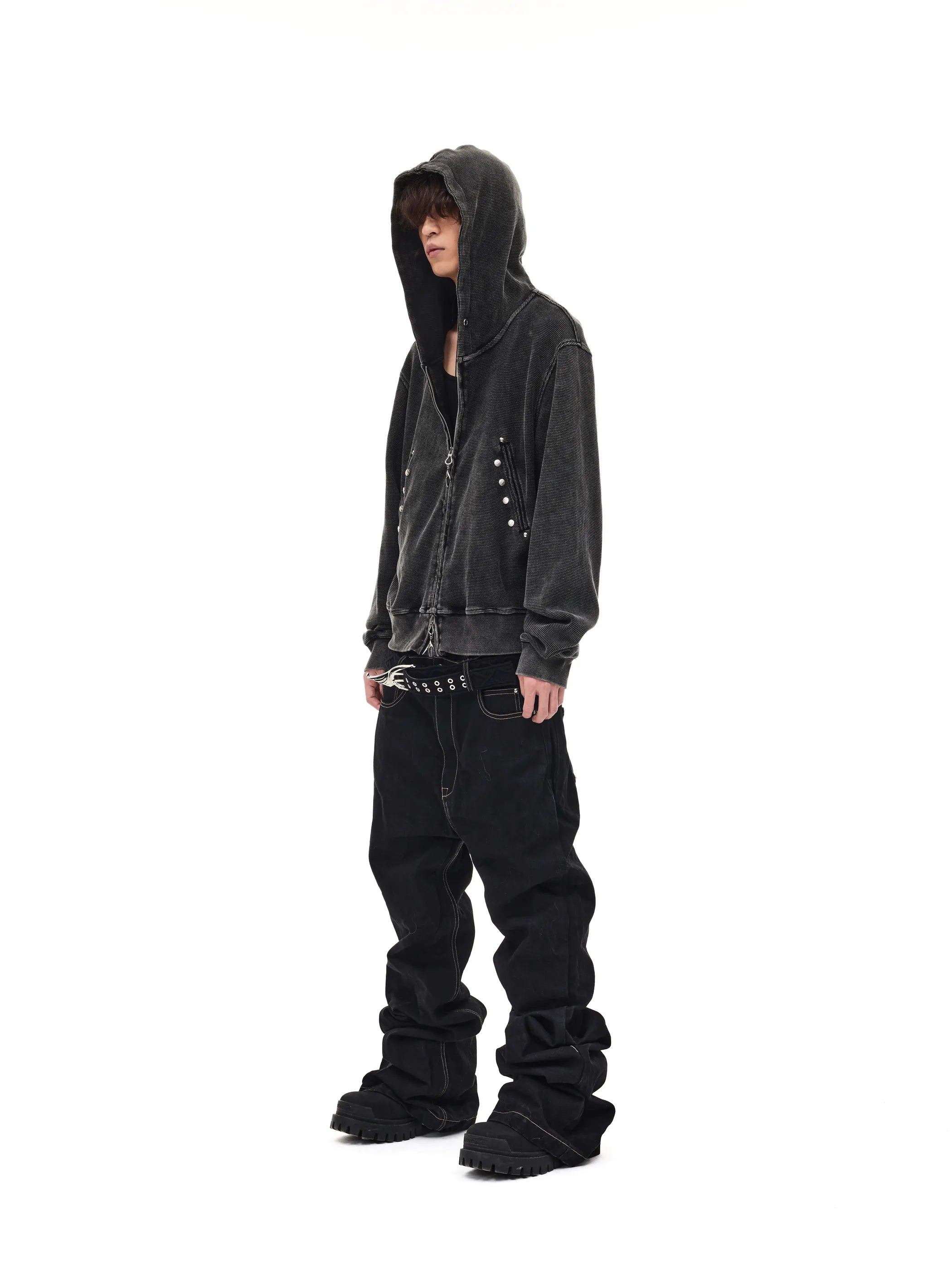 Distressed rivet-detailed hooded sweatshirt