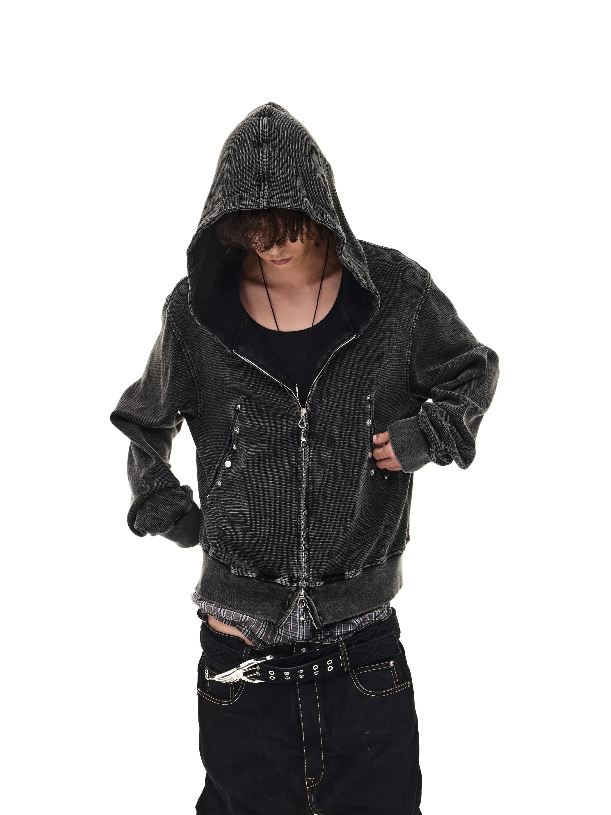 Distressed rivet-detailed hooded sweatshirt