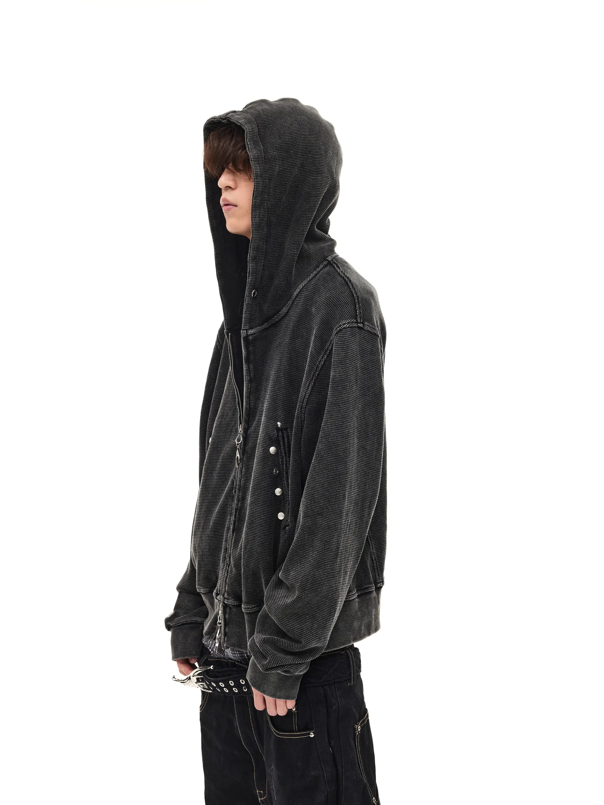 Distressed rivet-detailed hooded sweatshirt