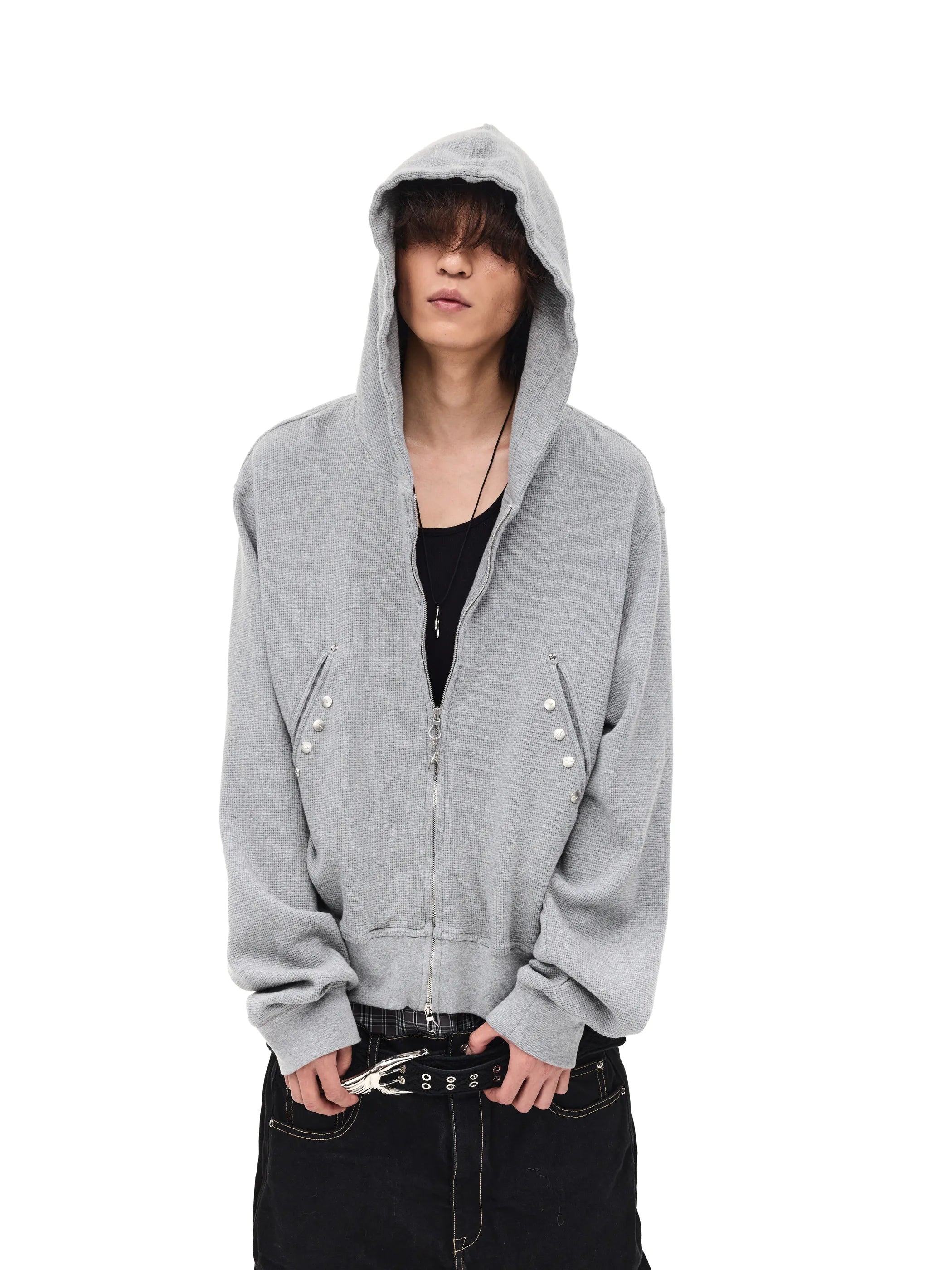 Distressed rivet-detailed hooded sweatshirt