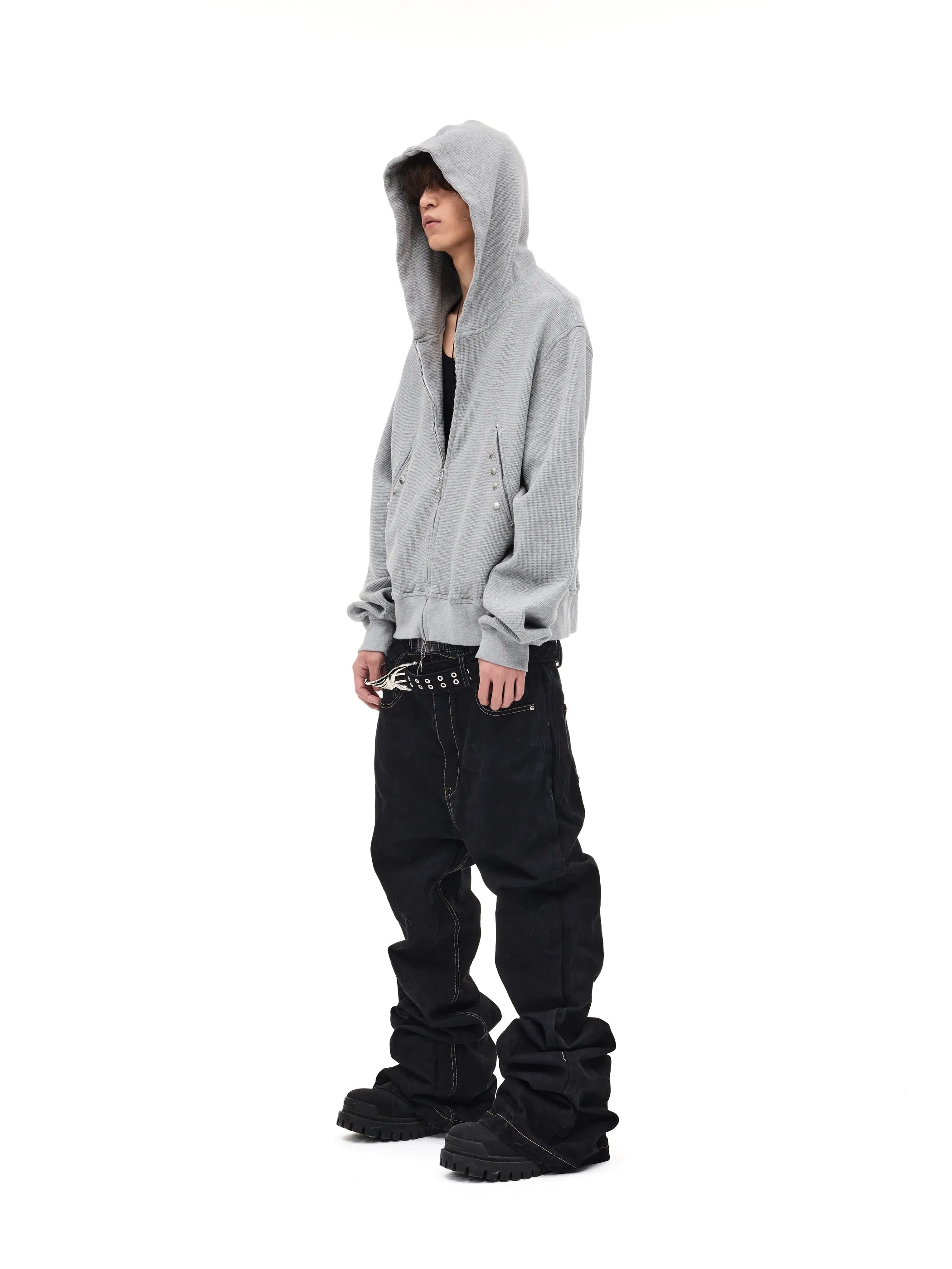Distressed rivet-detailed hooded sweatshirt