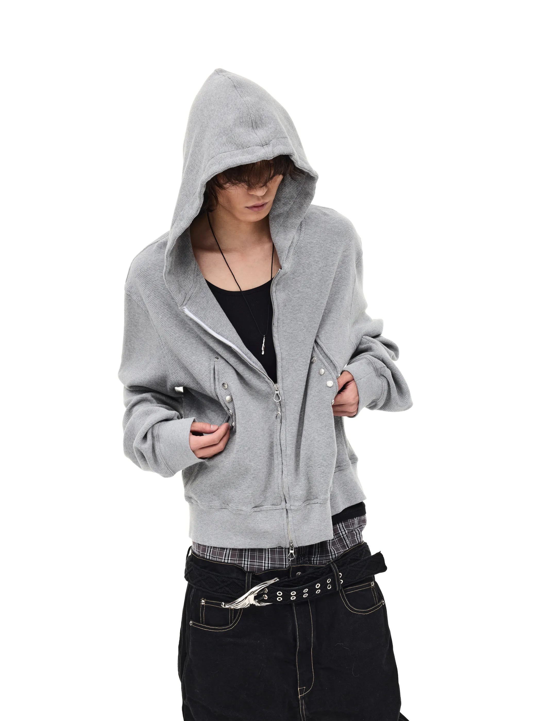 Distressed rivet-detailed hooded sweatshirt