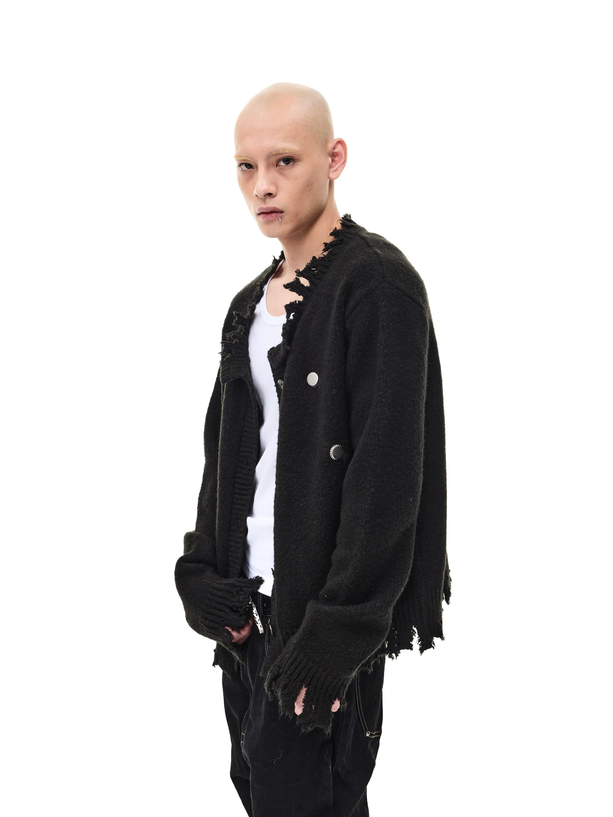 Fringed distressed badge-knit heavy sweater