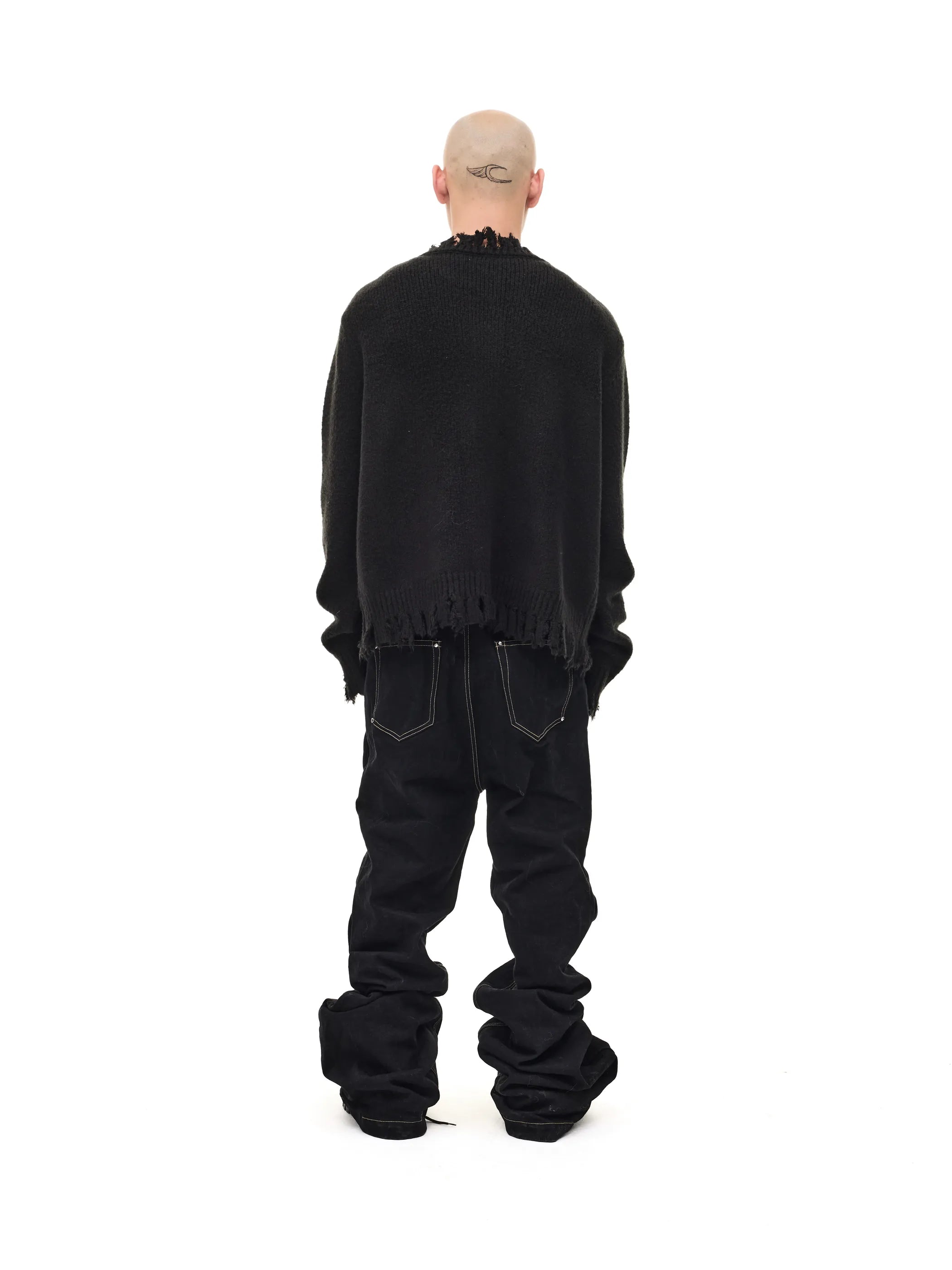 Fringed distressed badge-knit heavy sweater
