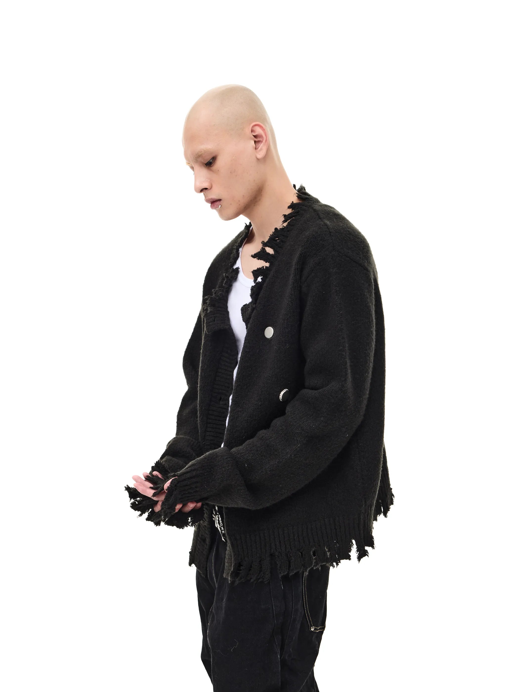 Fringed distressed badge-knit heavy sweater