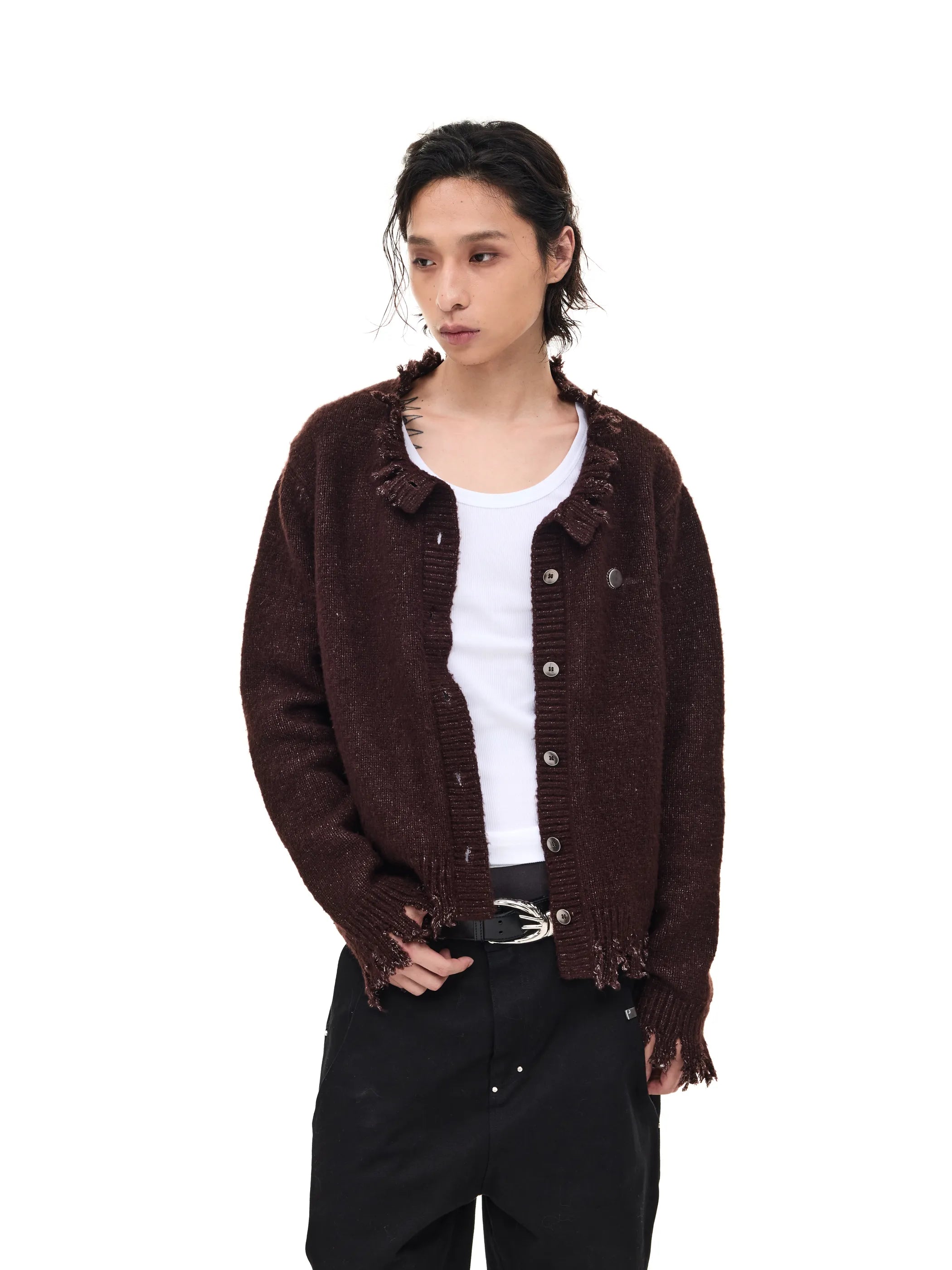 Fringed distressed badge-knit heavy sweater