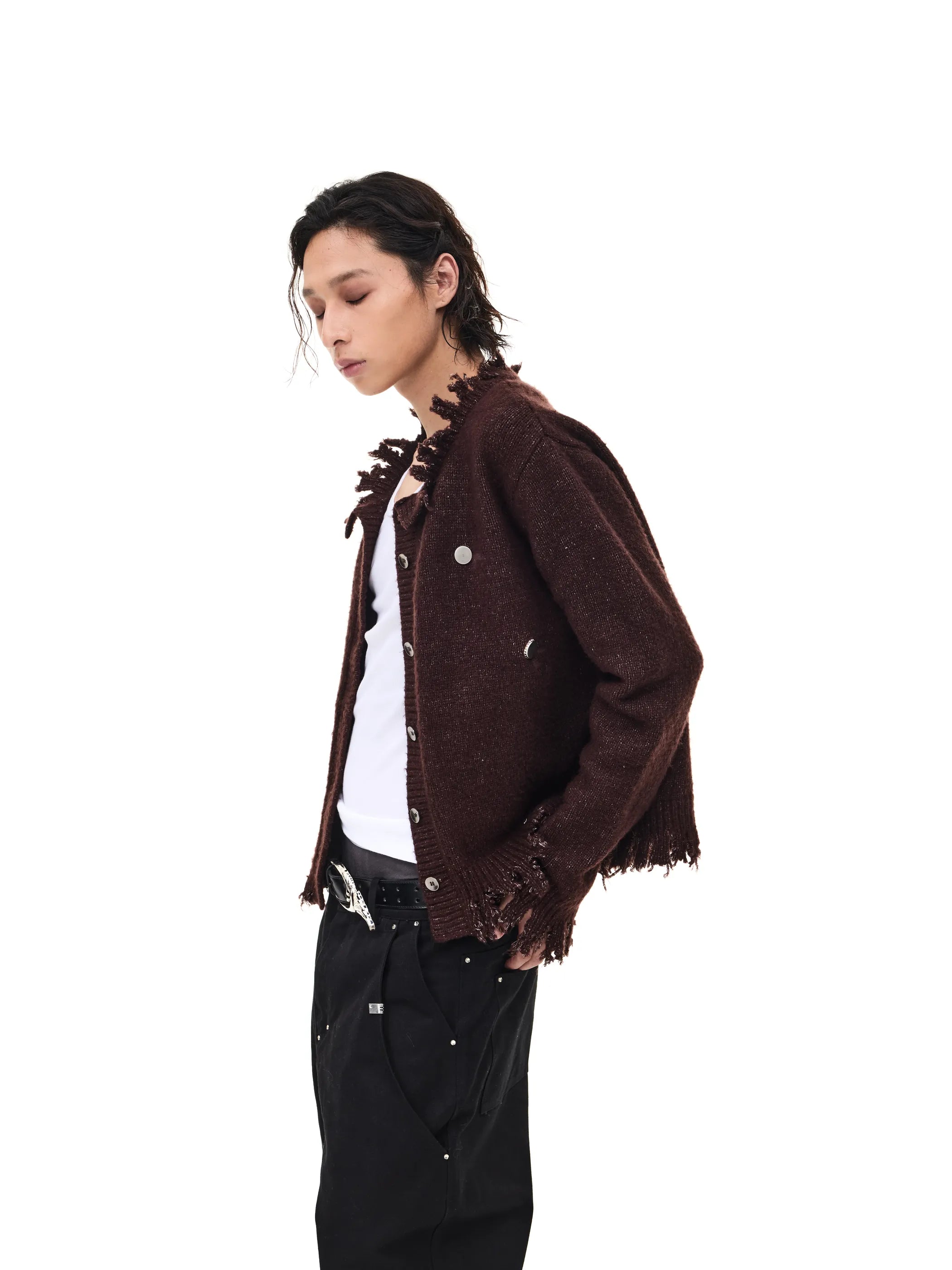 Fringed distressed badge-knit heavy sweater