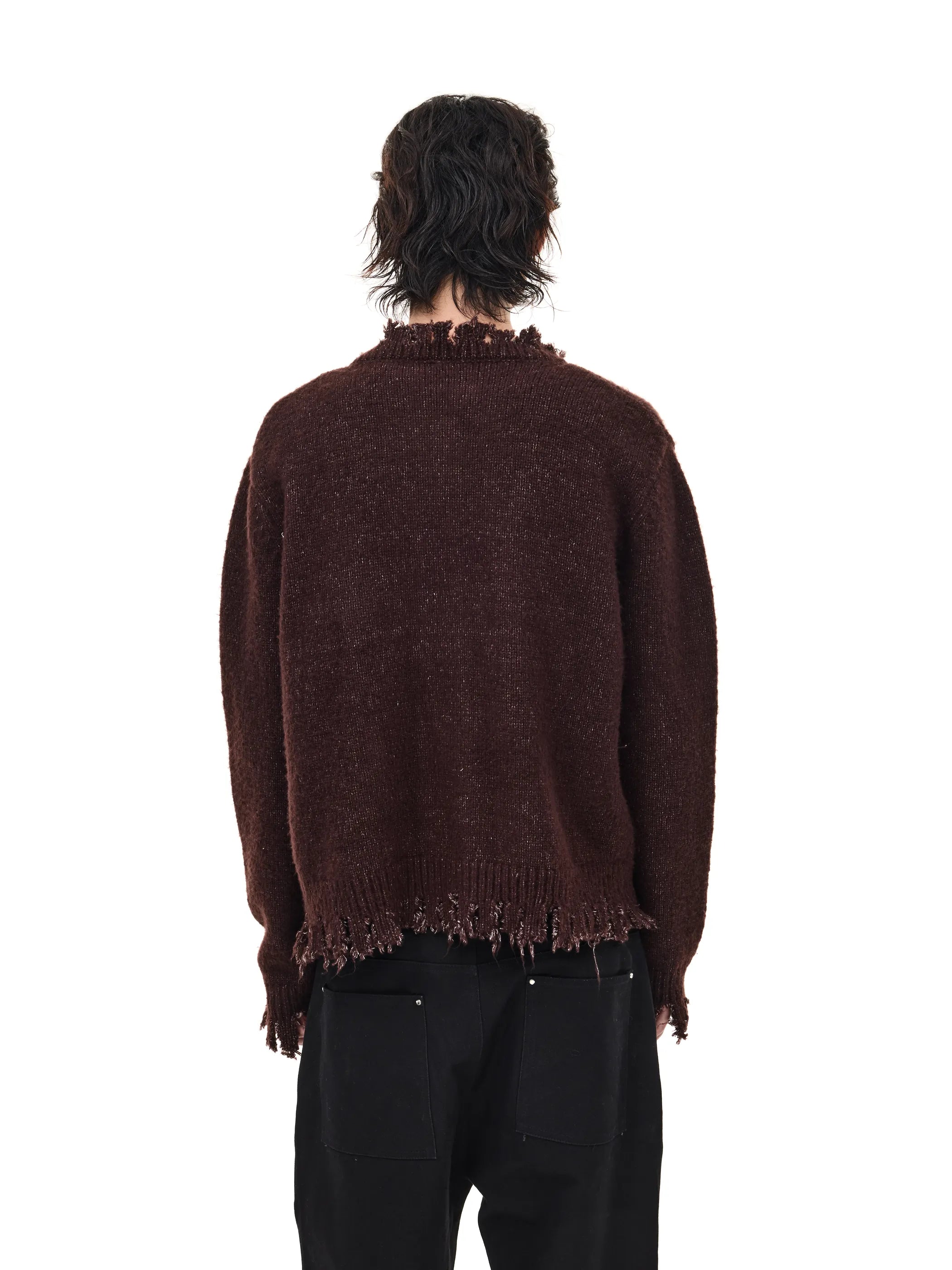 Fringed distressed badge-knit heavy sweater