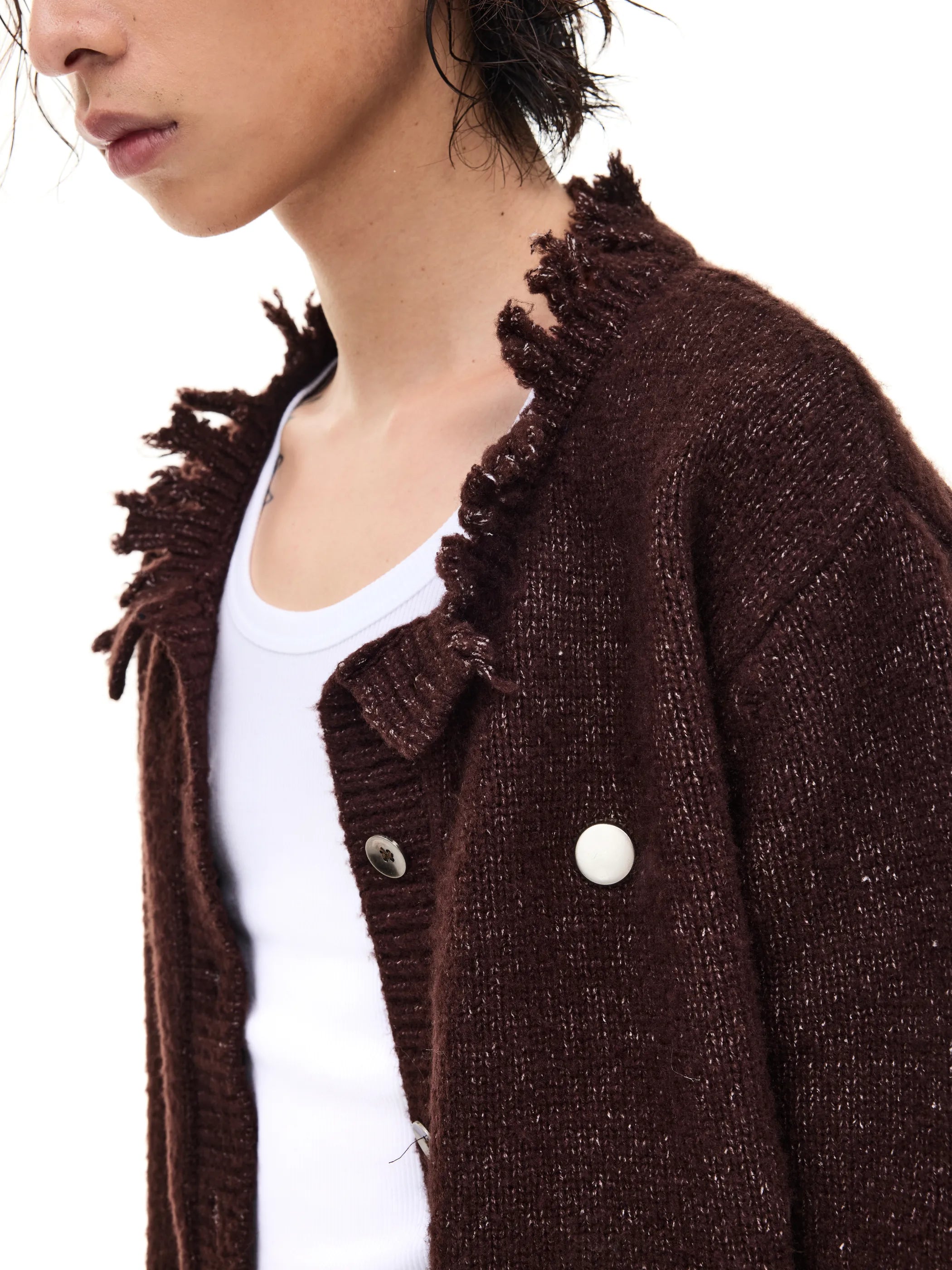 Fringed distressed badge-knit heavy sweater
