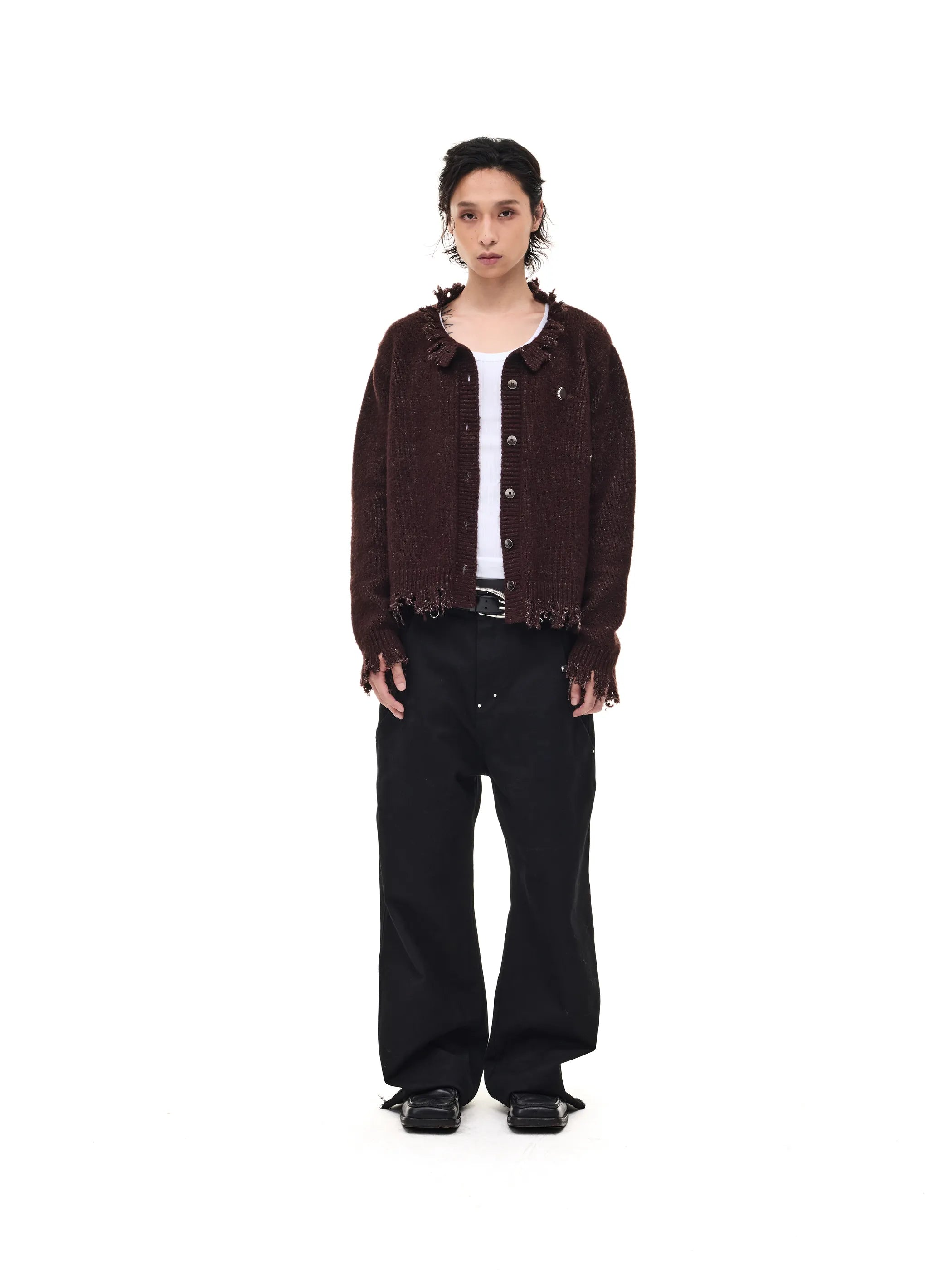 Fringed distressed badge-knit heavy sweater