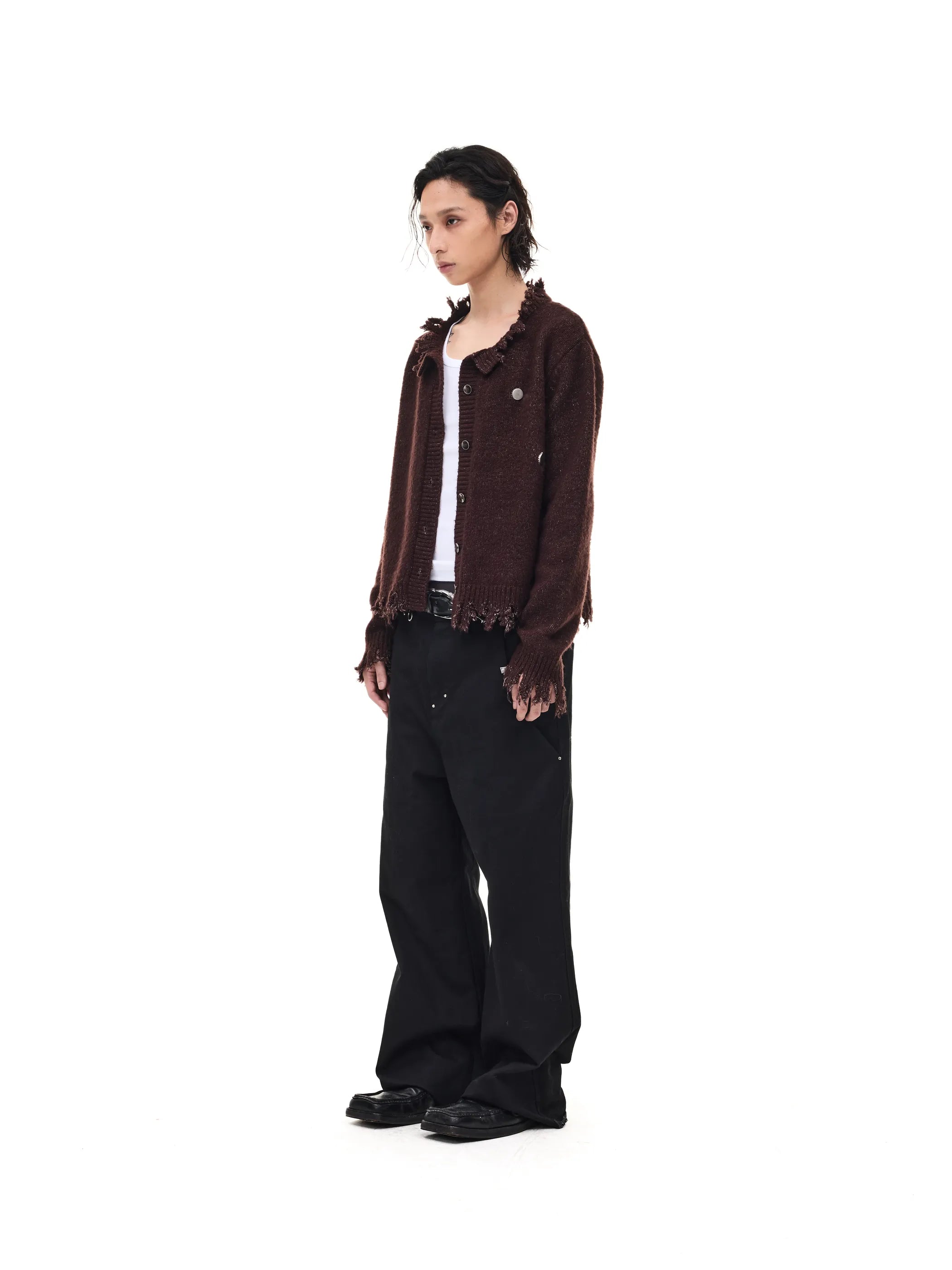 Fringed distressed badge-knit heavy sweater