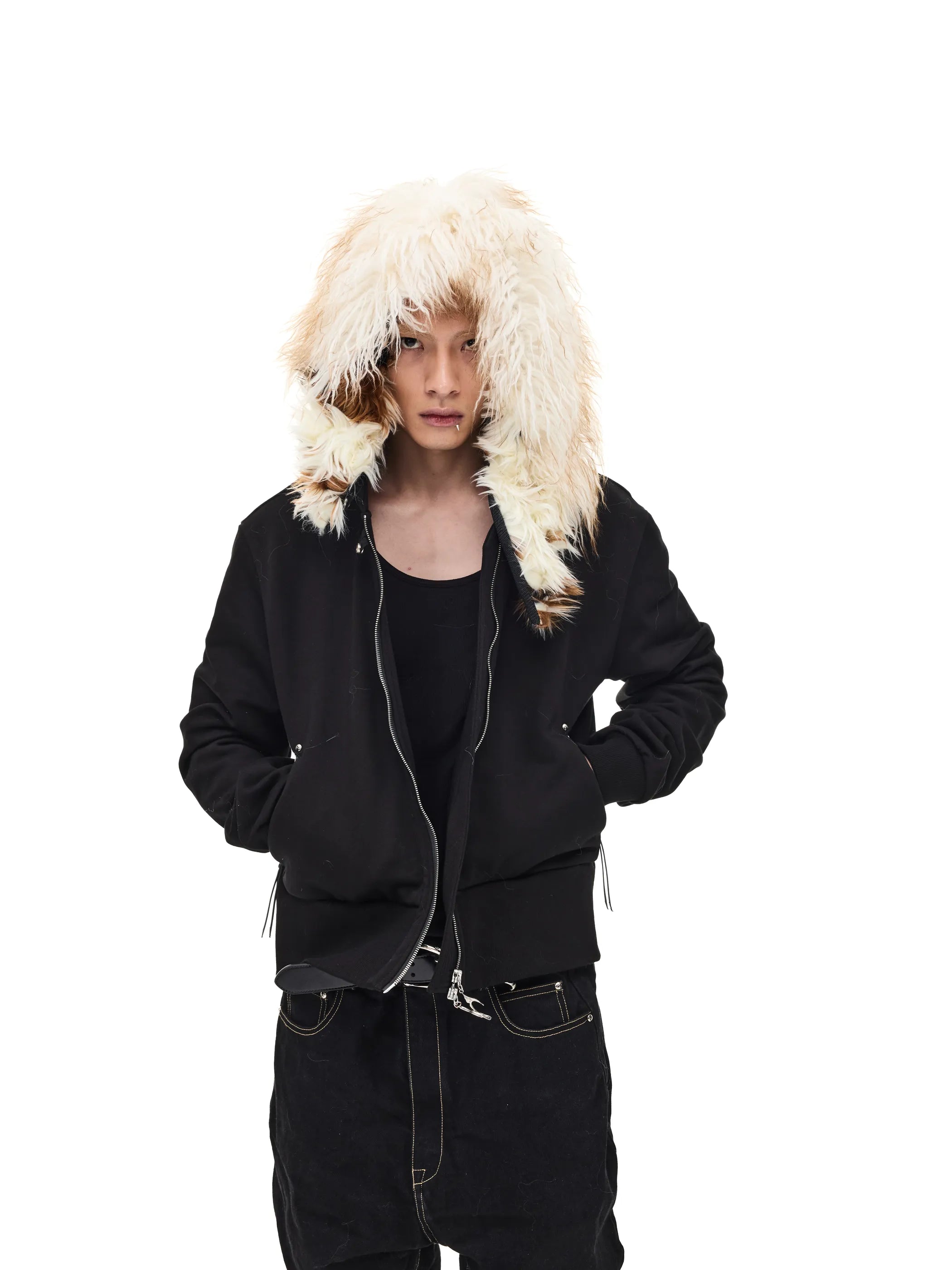 Fur-trimmed slim-fit hooded sweatshirt