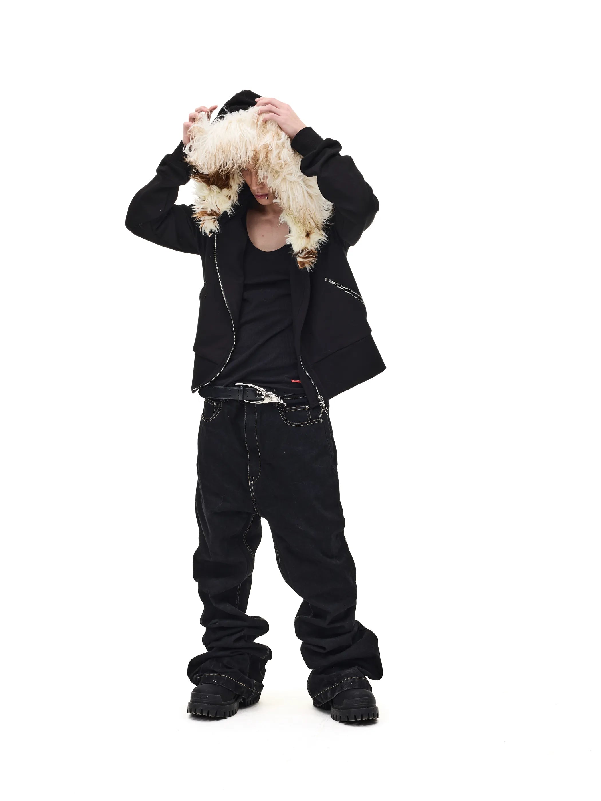 Fur-trimmed slim-fit hooded sweatshirt